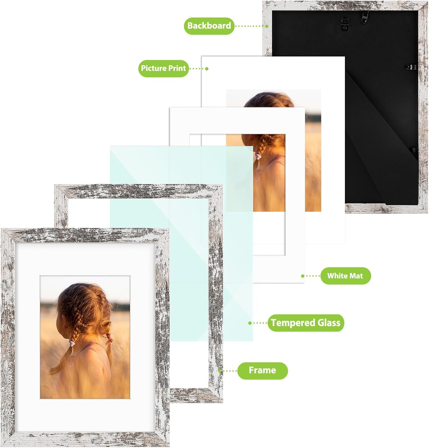 Golden State Art, 9x12 Picture Frame with Mat for 6x8 - High Definition Glass Wall Mounting Horizontal Vertical Display (Weathered White, 2 Pack)