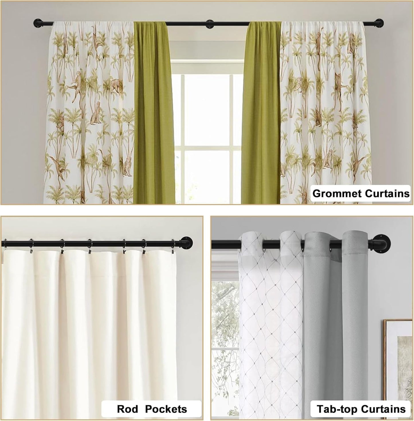 2PCS Black Curtain Rods 18 to 88 Inches,Adjustable Length,1 in Diameter Pipe,Wall or Ceiling Mounted,for Bedroom and Living Room (Black,18” to 88”2PCS)