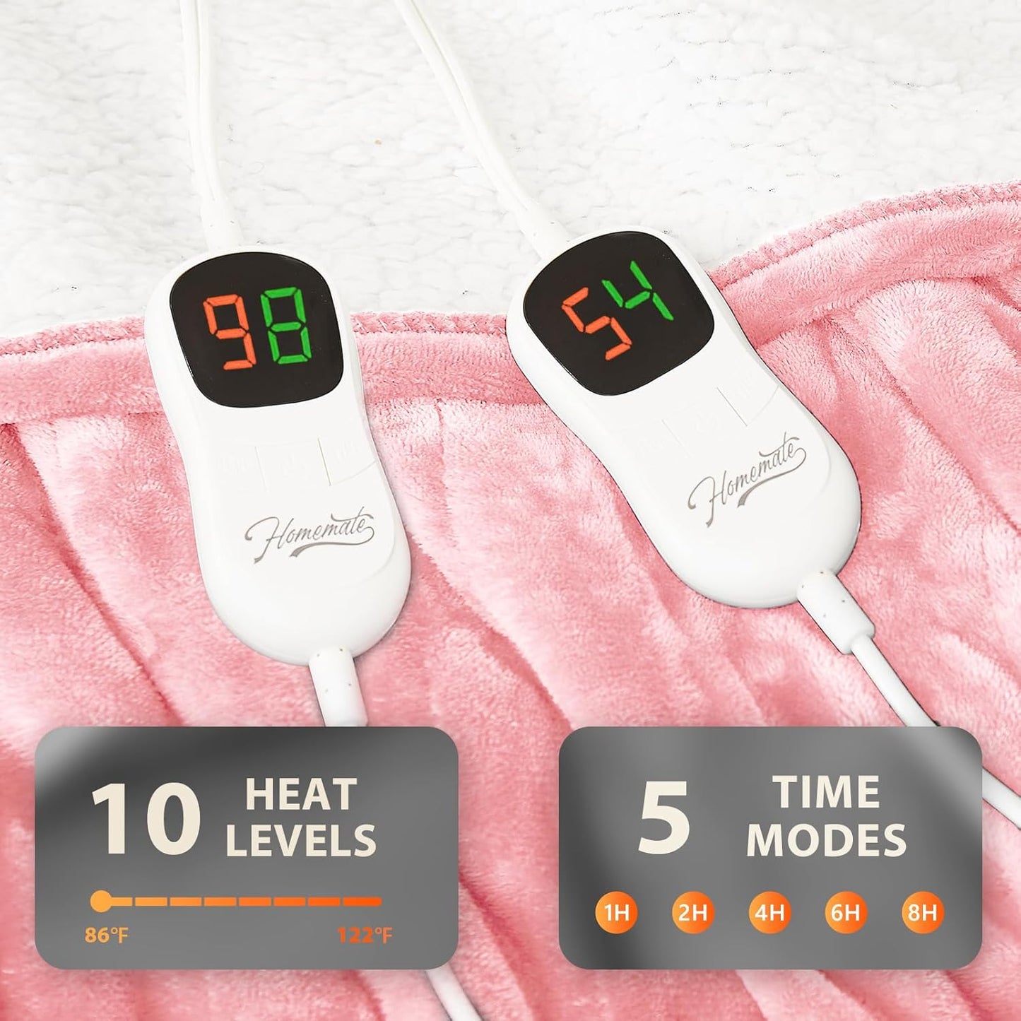 Homemate Electric Heated Blanket Queen - 84"x90" Heating Bed Blankets Throw with 10 Heating Levels 8 Hours Auto Off Fast Heating Over-Heated Protection Ultra Soft Warm Flannel ETL Certified Pink