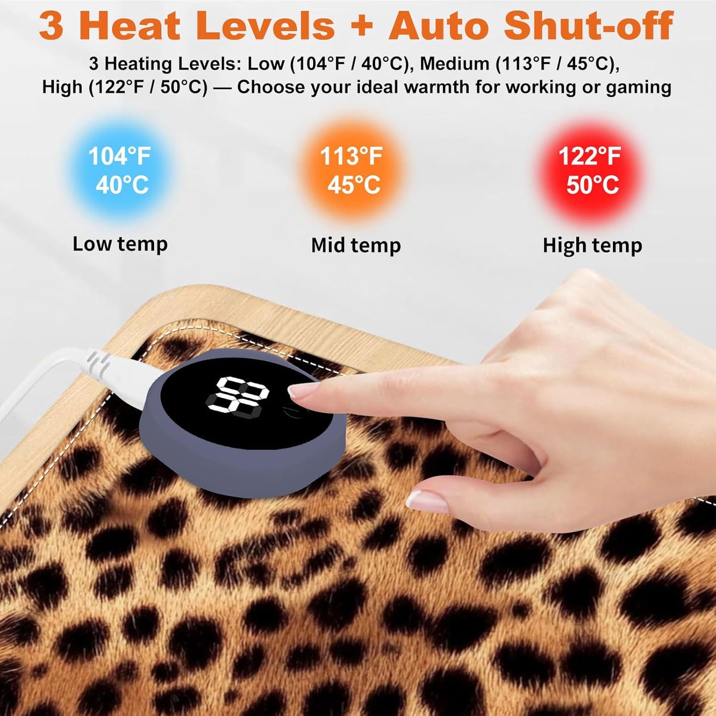 Heated Mouse Pad for Desk 31.5" x 13" – PU Leather Warm Desk Pad with 3 Heat Levels (104°F/113°F/122°F), Plug-in Electric Heating Mat with Auto Shut-Off, Waterproof & Rollable, Leopard Print