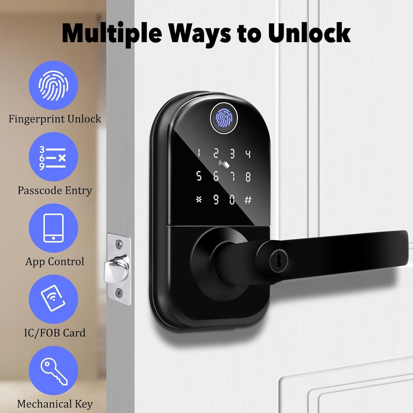 Fingerprint Smart Door Lock with Handle, Keyless Entry Door Knob with Digital Keypad, Electric Deadbolt Remote App Access & Doorbell, Digital Lock for Home, Office Matte Black