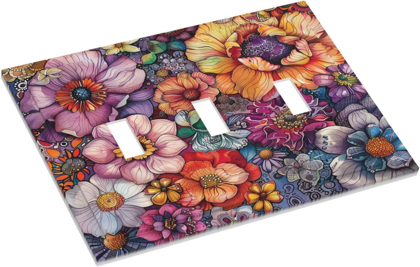 Decorative Switch Plates Colorful Bohemian Flowers Vintage Boho Floral 3 Gang Wall Plate Triple Toggle Light Switch Cover Faceplate Electrical Wall Panels for Bed Room living Room Decor