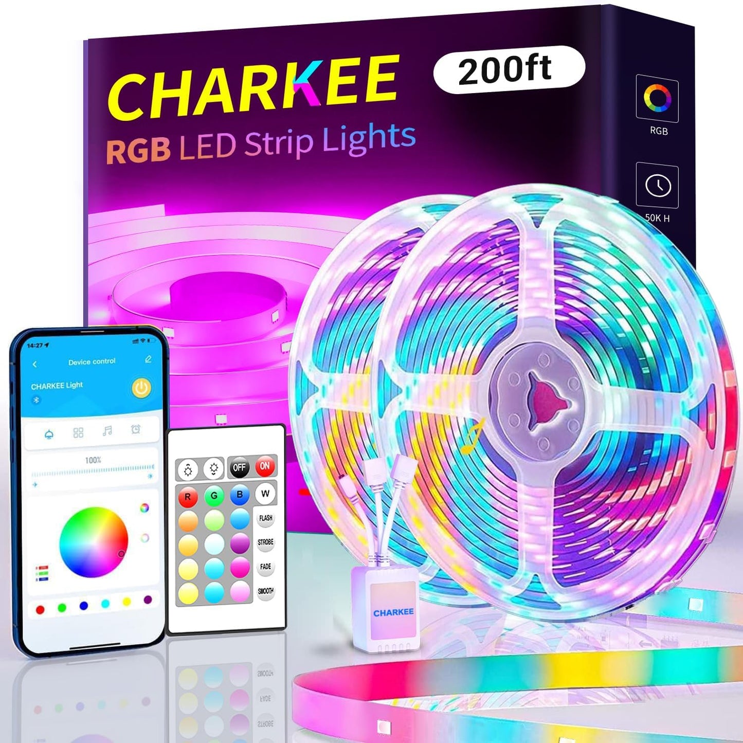 CHARKEE LED Strip Lights 200ft (2 Rolls of 100ft). 24V 5050 Ultra Long Super Bright Smart Light Strips with APP Control. 24keys Remote Music Sync Color Changing Led Lighting for Bedroom, Decoration