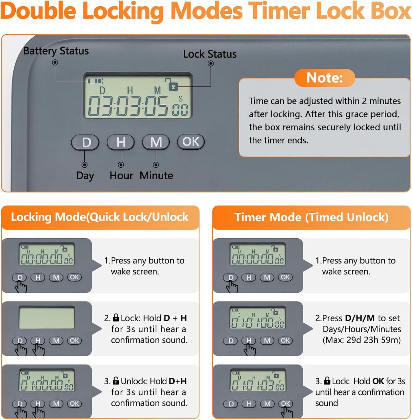 Timed Lock Box for Phone & Snacks | 2-in-1 Smart Lock with Digital Timer & Quick Access | BPA-Free Refrigerator Safe Container for Medicine,Electronics (5.5x5.5x6.3in) Gray