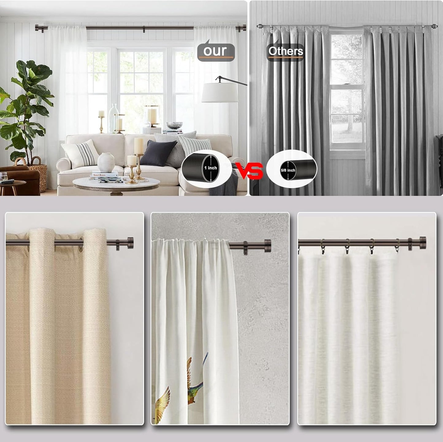 Adjustable Curtain Rods-18 to 88 Inches,1 Inch Modern Metal Drapery Rods, Adjustable Heavy Duty Curtain Pole with Simple End Caps