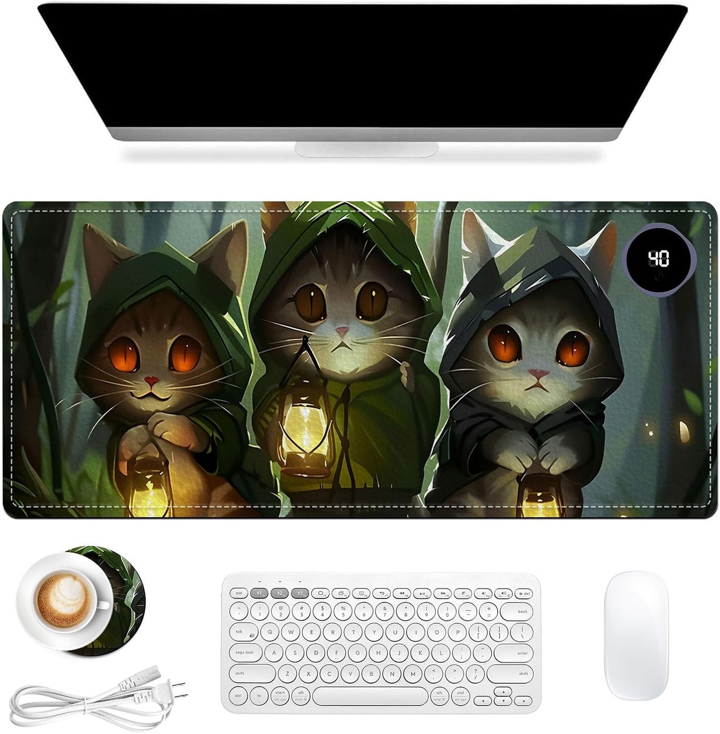 Heated Mouse Pad, Warm Desk Pad, Keyboard Mat 31.5 x 13 Inch Intelligent Fast Heating, 3 Speed Adjustable, Timed Auto Power Off for Game Office Home,3 Cat Apostles Carrying Lanterns