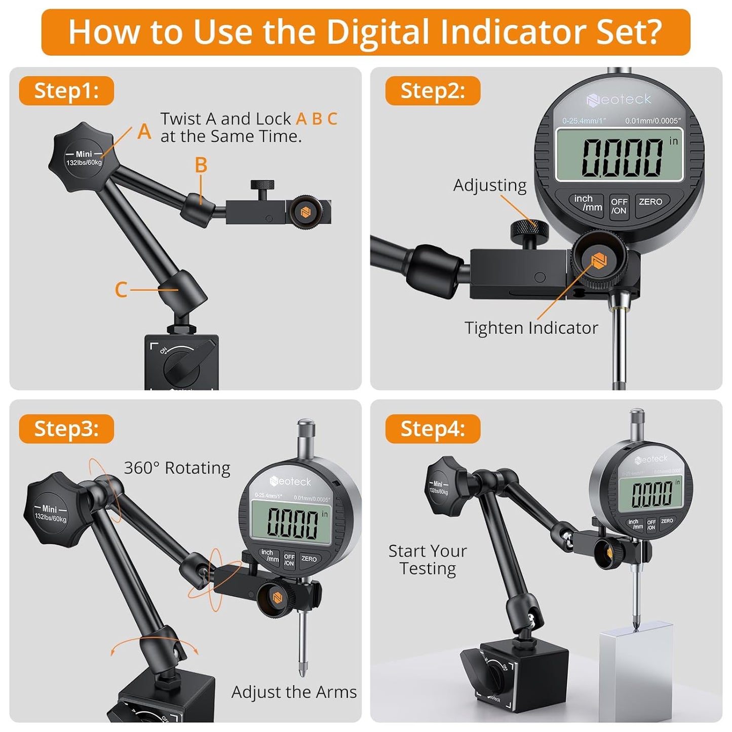 Neoteck 0-1”/0.0005" Digital Dial Indicator Gauge and 132 lbs (60kg) Max Pull Magnetic Base,Digital Dial Indicator Set with Inch/Metric Conversion for 3D Printer and CNC Machine-Black