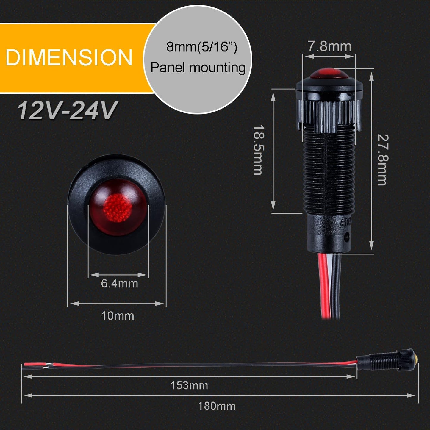 5pcs 8mm LED Indicator Light Plastic Black Signal Dot Lamp 12V-24V 5/16" Mounting Hole Size with 15cm/5.9in. Wire (Red LED)