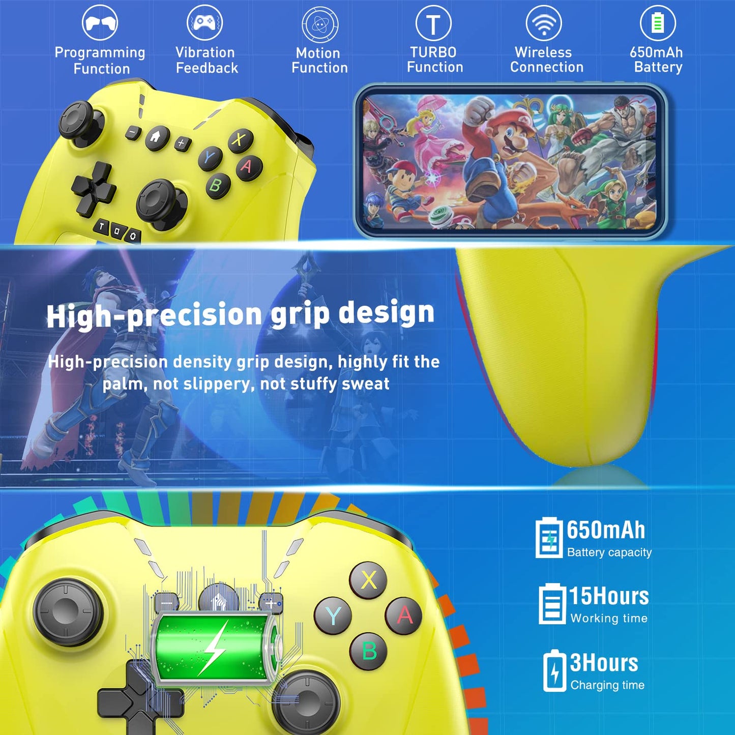 Bluetooth Controller for Switch/Mac/PC/Steam/Mobile Phone/iOS/Android//TV/iPad/Table/Apple Arcade MFi Games, switch pro controller wireless with Adjustable Dual Motion,Turbo,Macros,6-Axis,Wake Up for Black Myth: Wukong (Black) (Purple) (Yellow)