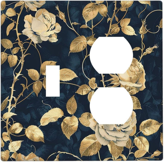 Wallplates Boho Vintage Floral Golden Flower Dark Blue Background 1 Toggle 1 Duplex Switch Plate Electrical GFCI Faceplate Decorative Light Switch Covers for Bedroom living Room Decor