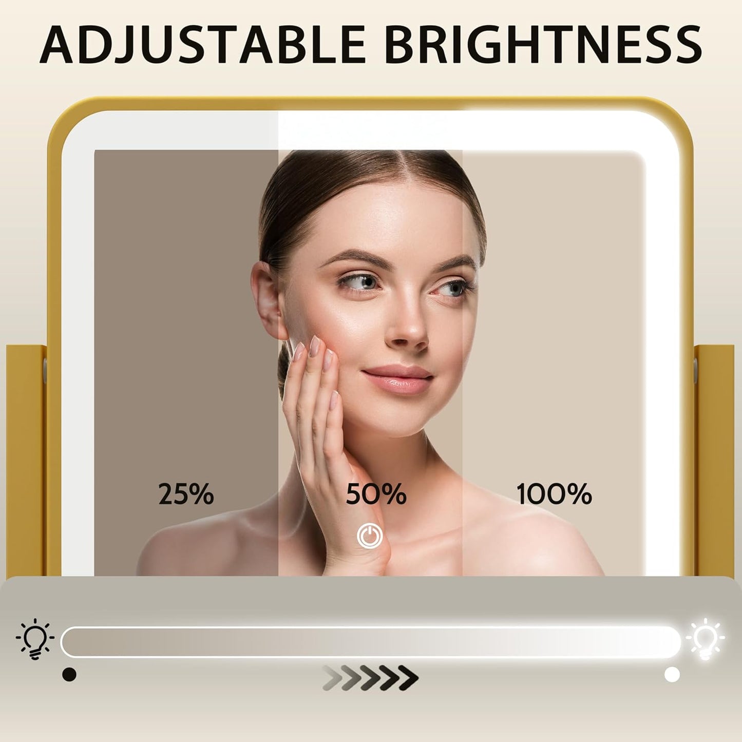 ROLOVE Gold Lighted Makeup Mirror, 14"x12" Vanity Mirror with Smart Touch Control, 3-Color Dimmable Lighting, 360° Rotation for Desk or Bedroom