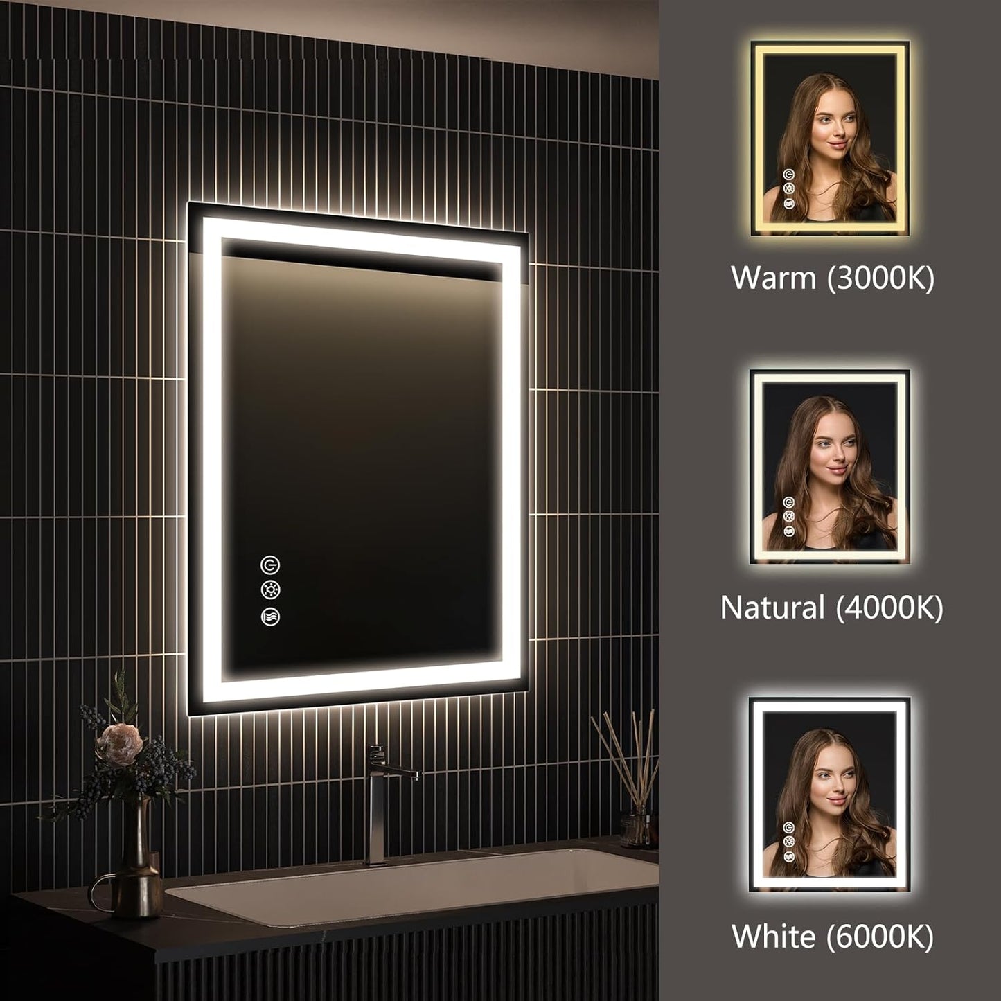 APRILSOUL 20x28 Inch LED Bathroom Mirror with Front and Backlit, Makeup Mirror with 3 Color Lights, Memory Function, Anti-Fog and Dimmable Light (Horizontal/Vertical)