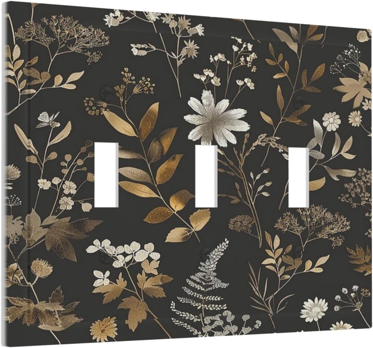 Decorative Switch Plates Black Gold Floral Dark Leaves Vintage Flowers 3 Gang Wall Plate Triple Toggle Light Switch Cover Faceplate Electrical Wall Panels for Bed Room Home Decor