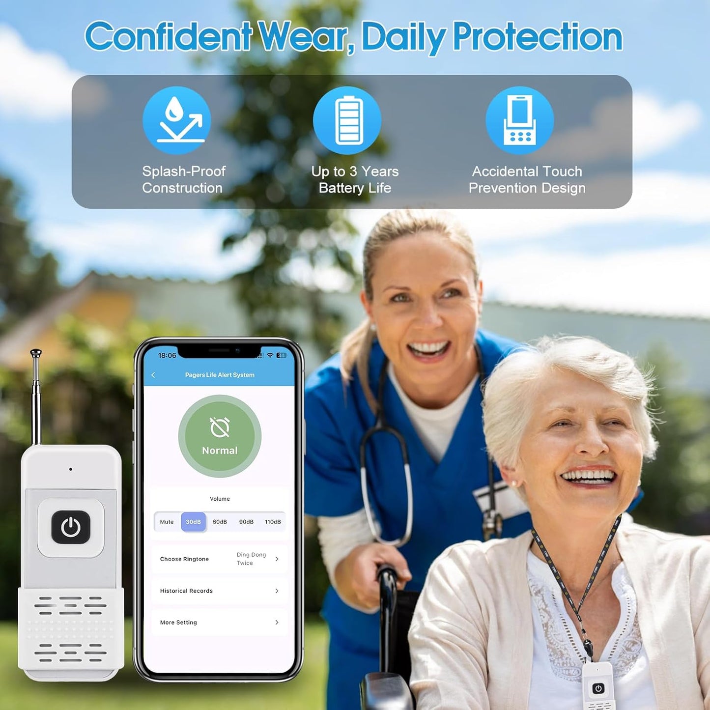 WiFi Smart Wireless Caregiver Pager Call Button System for Elderly Fall Monitoring with App Alerts & 110dB Loud Receiver, Anti-Mistouch Design (2 Panic Buttons + 1 Receiver)