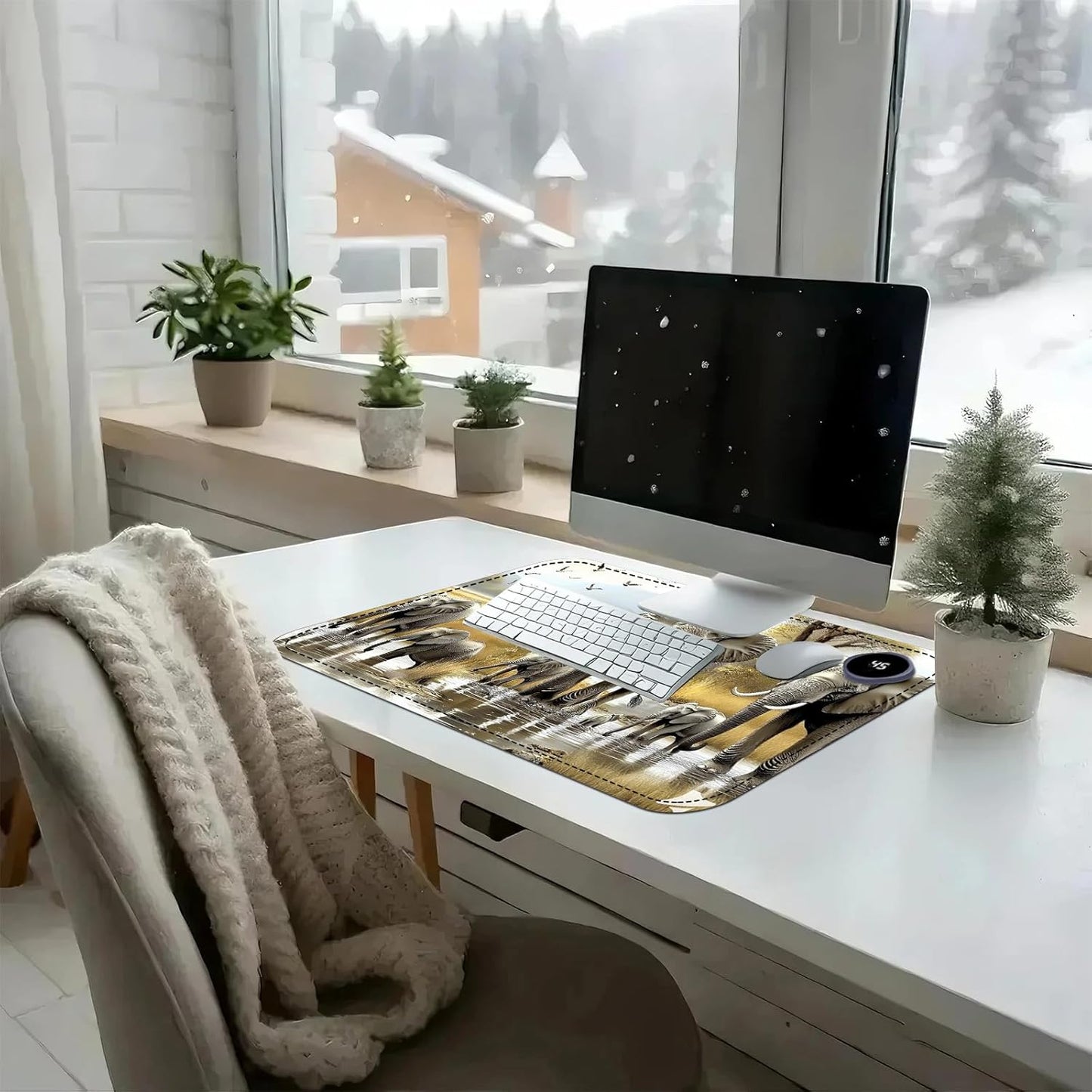 Heated Mouse Pad with 3 Temperature Settings(104°F–122°F),Large 24x14.2 Inch PU Leather Heated Desk Mat,Waterproof Warming Pad for Office,Gaming & Cold Hands Relief,Elephant Herd