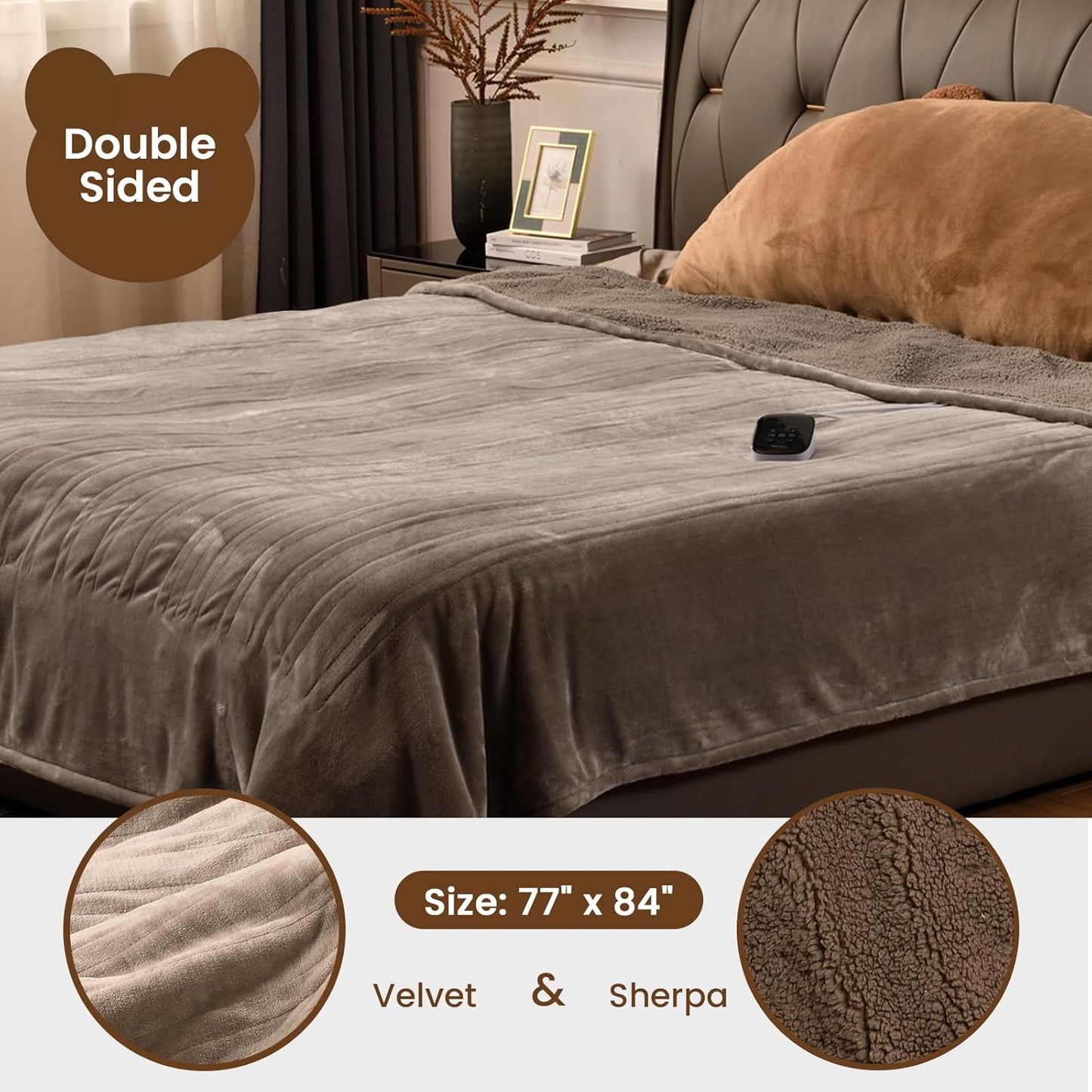 Bearhug Electric Blanket Full Size 77" x 84", Velvet & Sherpa Heated Blanket, 10 Heating Levels & 1-12H Auto Off, Over-Heat Protect, ETL, Machine Washable