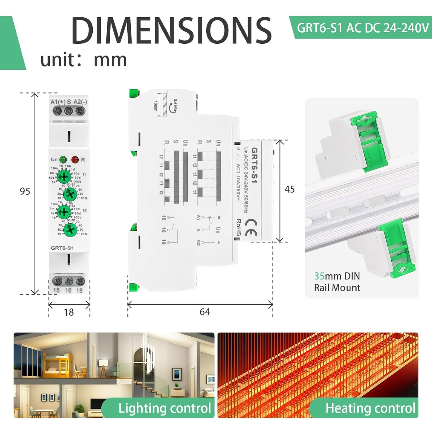 Asymmetric Cycle Timer Relay 1SPDT AC 24V 240V 10A Long or Short Period Repeat Cycle Tntermittent Timer Electronic Relay in Din Rail (GRT6-S1 AC DC 24-240V)