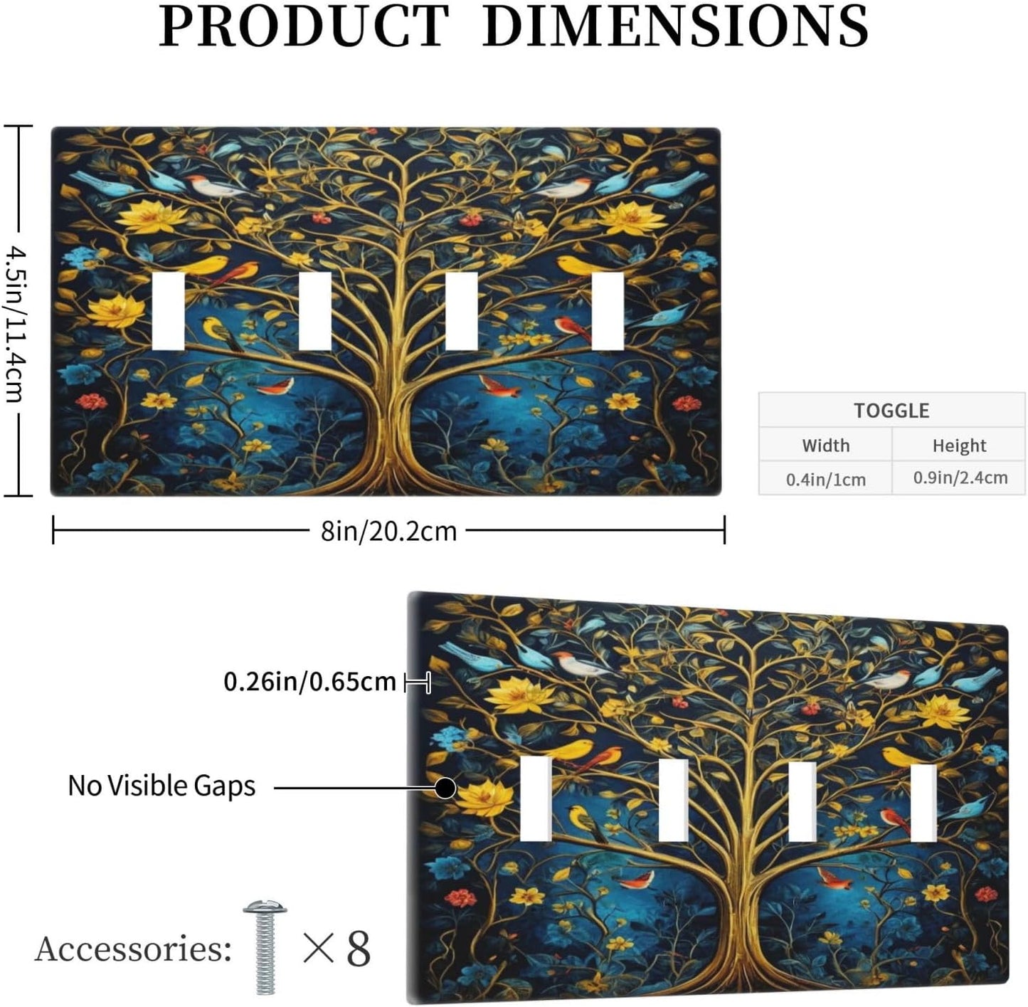 Gold Tree With Birds Flowers on Branches Light Switch Covers Quad Toggle 4 Gang Wall Plate Decorative Switchplate Electrical Faceplate for Farmhouse Bathroom Living Decor