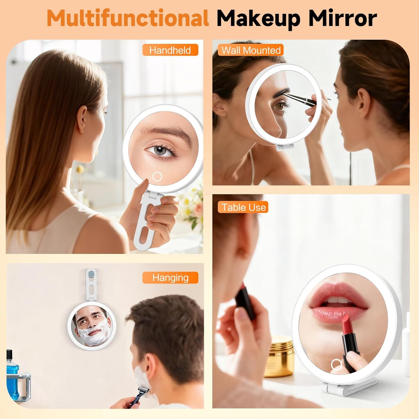 Travel Makeup Mirror with Lights, Lighted Magnifying Mirror 10X, 4-in-1 Portable for Handheld, Tabletop, Hanging and Wall Mount with Suction Cup and 3 Color Light, Ideal Gift for Women and Seniors