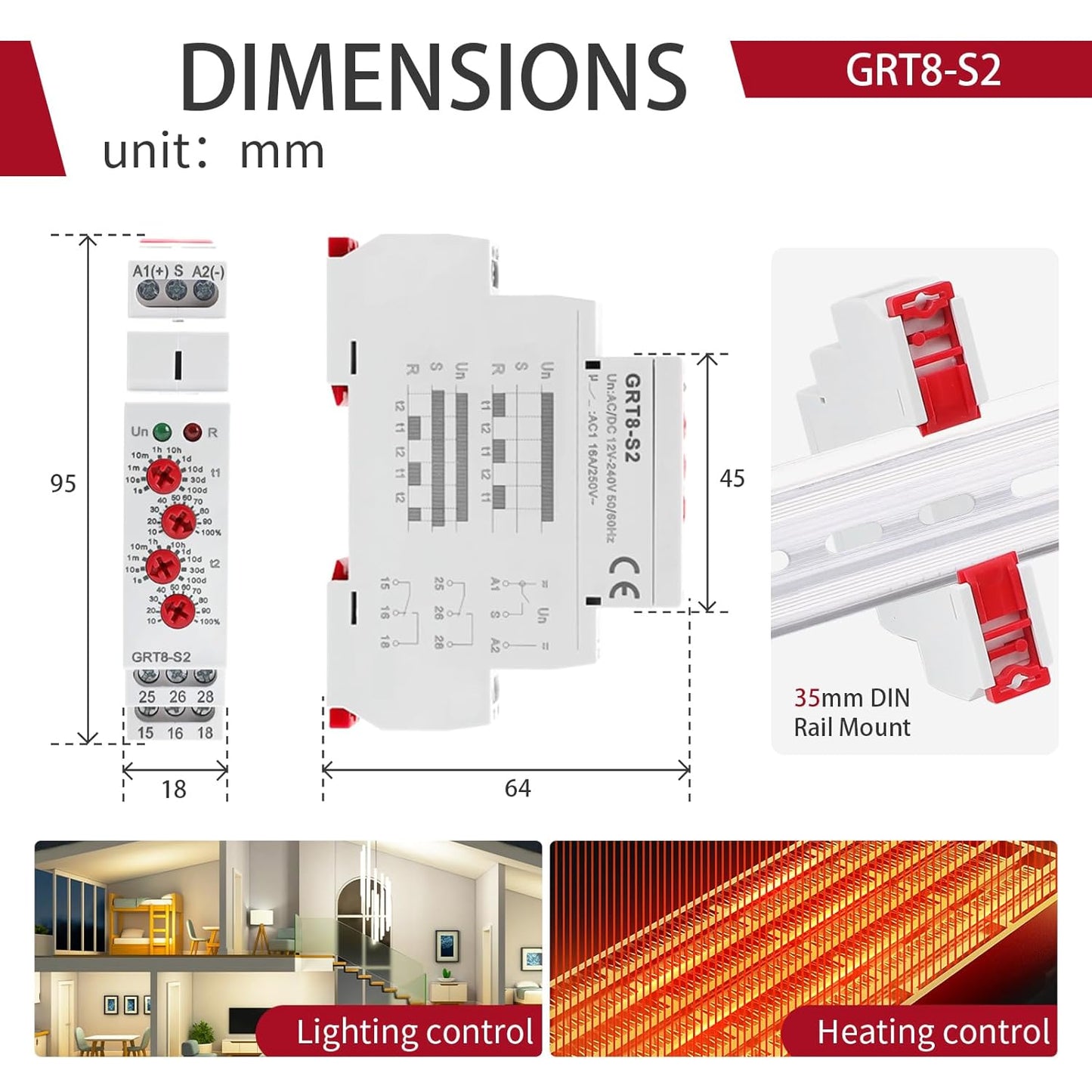 Asymmetric Cycle Timer Relay 2SPDT 16A GRT8-S2 Long or Short Period Repeat Cycle Tntermittent Timer Electronic Relay in Din Rail Wide Voltage Range AC DC 12V to 240V