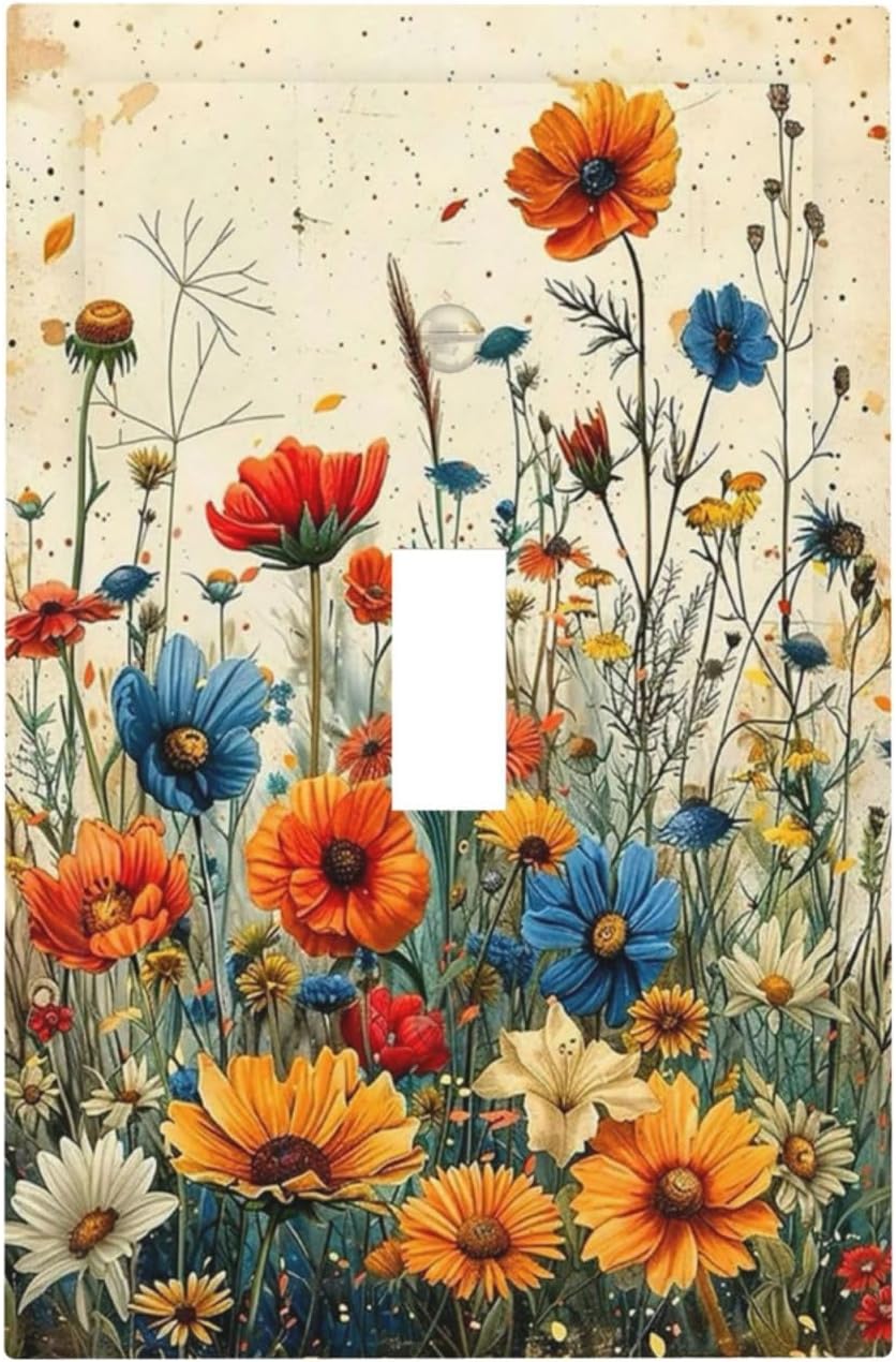 Decorative Light Switch Cover Plate Colorful Flowers Wildflowers Plants Orange Yellow Blue 1 Gang Single Toggle Wall Plate Electrical Outlet Covers Decorate Switch Plate Cover for Home Farmhouse Decor
