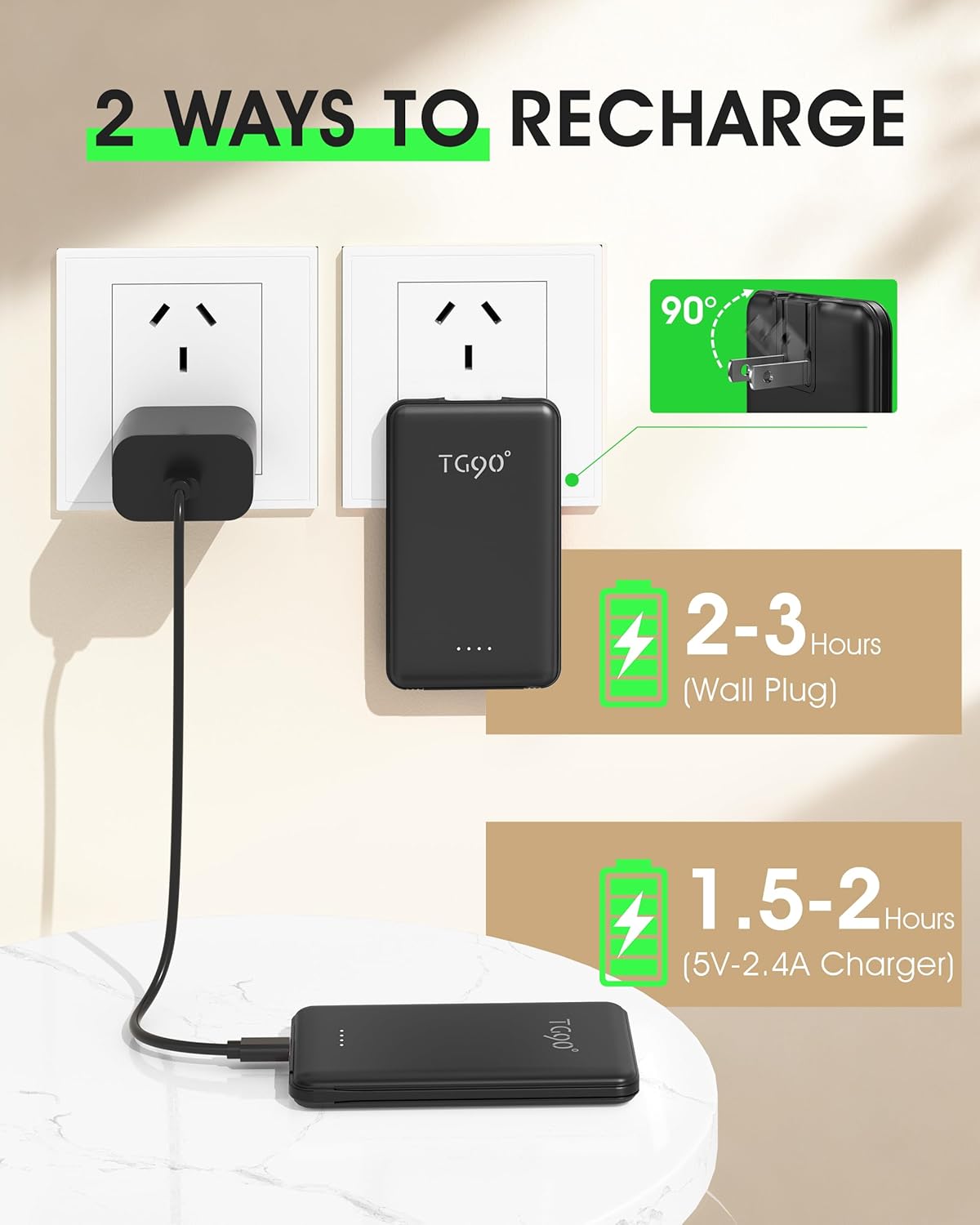 TG90° 2 Pack 5000mAh Power Bank,Small Portable Charge Built-in AC Plug and Cables,Pocket Size USB C External Battery Pack Compatible with iPhone 17 16 15 14 13 12 Samsung Google iPad,Black & Blue