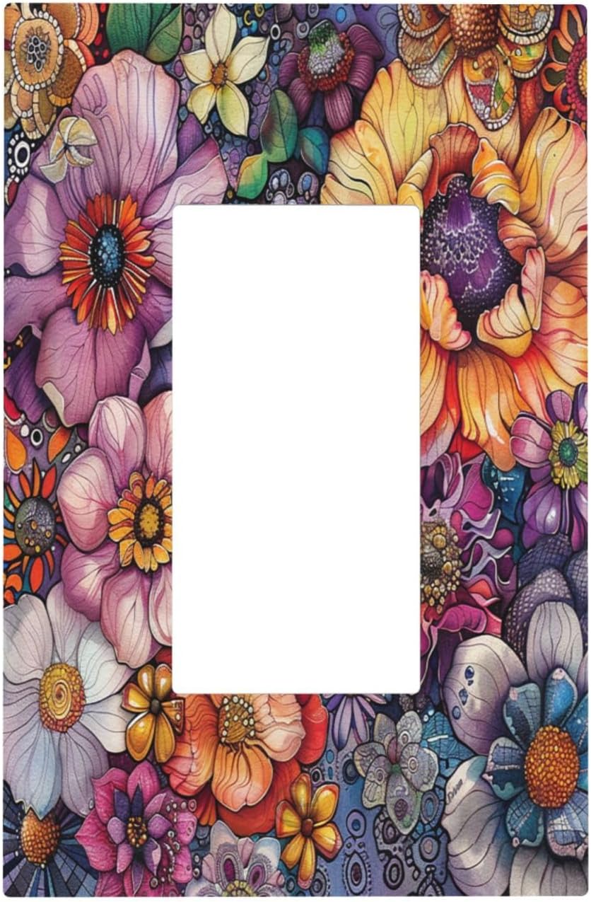 Decorative Outlet Covers Colorful Bohemian Flowers Vintage Boho Floral 1 Gang Single Rocker Light Switch Cover Plate Wall Plates GFCI Faceplate for Bed Room living Room Decor