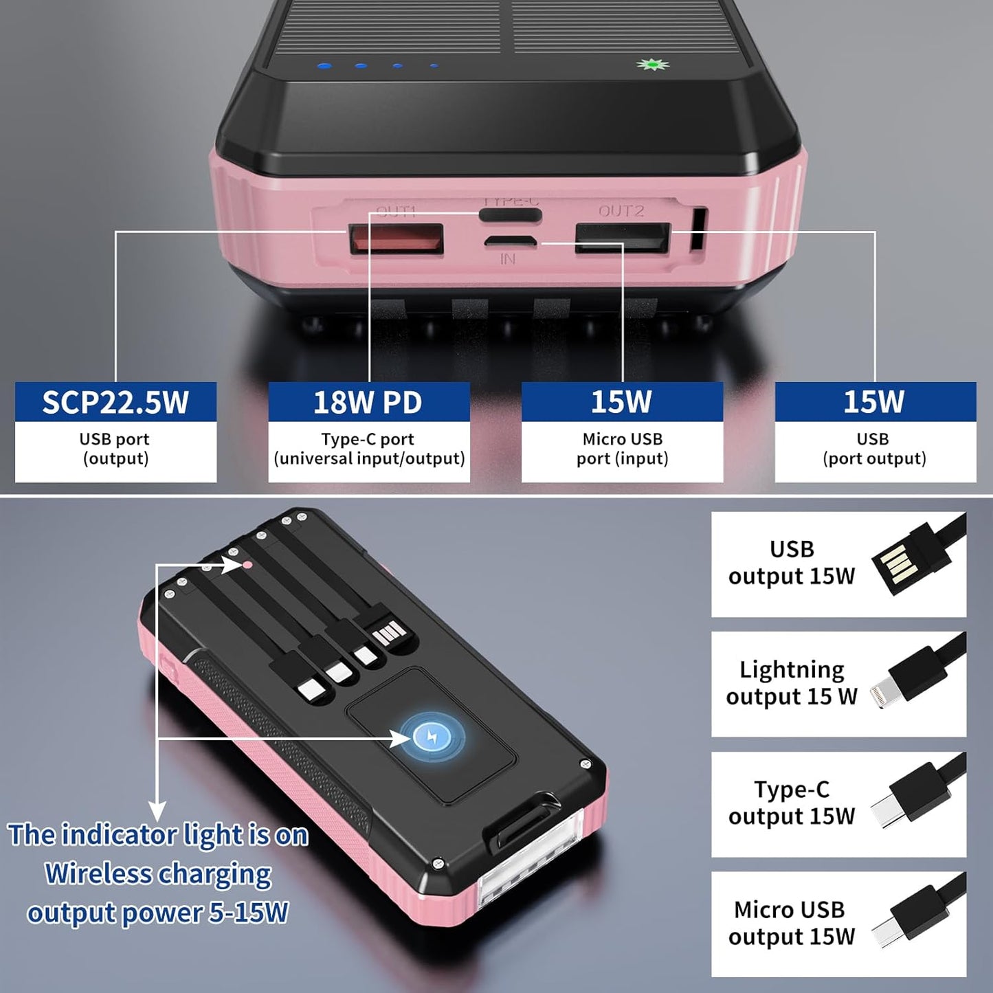 Solar Charger Power Bank 49800mAh, Portable Phone Wireless Charging Built-in 4 Cables 22.5W Fast Charging,Type-C Input/Output Port Solar Panel Charger with Flashlights&Compass for Camping（Pink