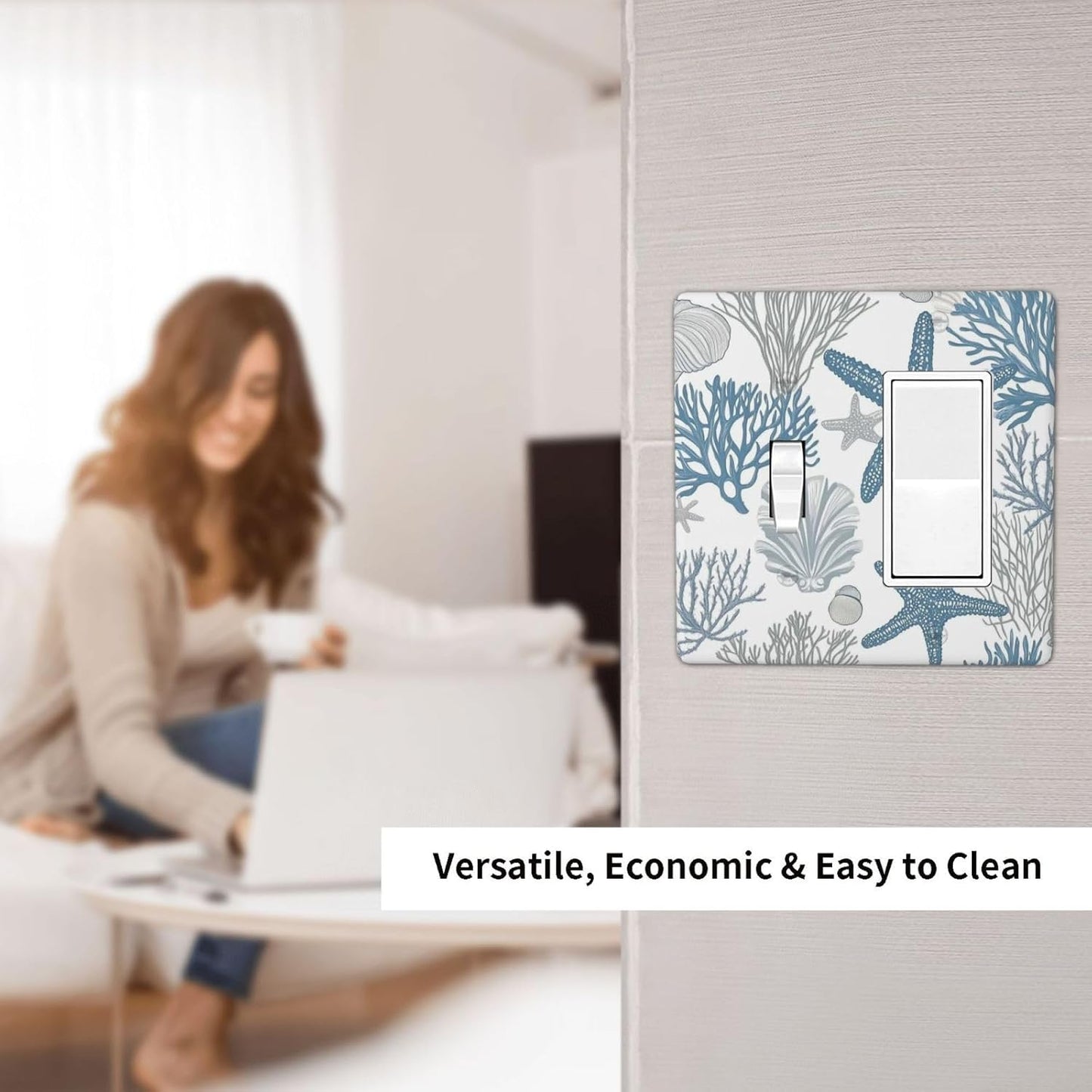 Blue Starfish Nautical Beach Conch Coastal Coral Shell Outlet Covers 1 Toggle 1 Rocker Combination Decorative Wall Plate Electrical Switch Plates Light Switch Cover Plate For Kids Room Bathroom Decor
