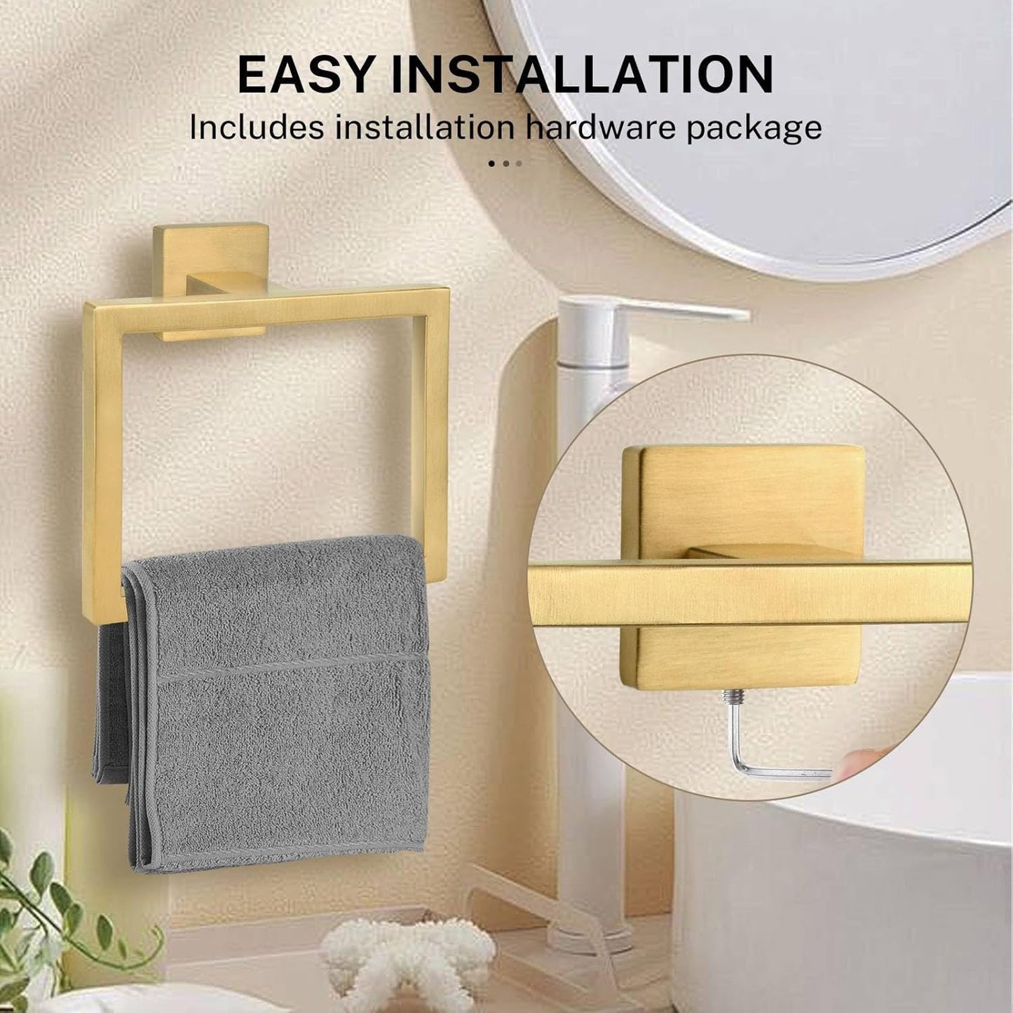 Brushed Gold Towel Ring,Square Hand Towel Holder,Towel Hanger, Bathroom Hardware Accessories,Stainless Steel Wall-Mounted Towel Rack