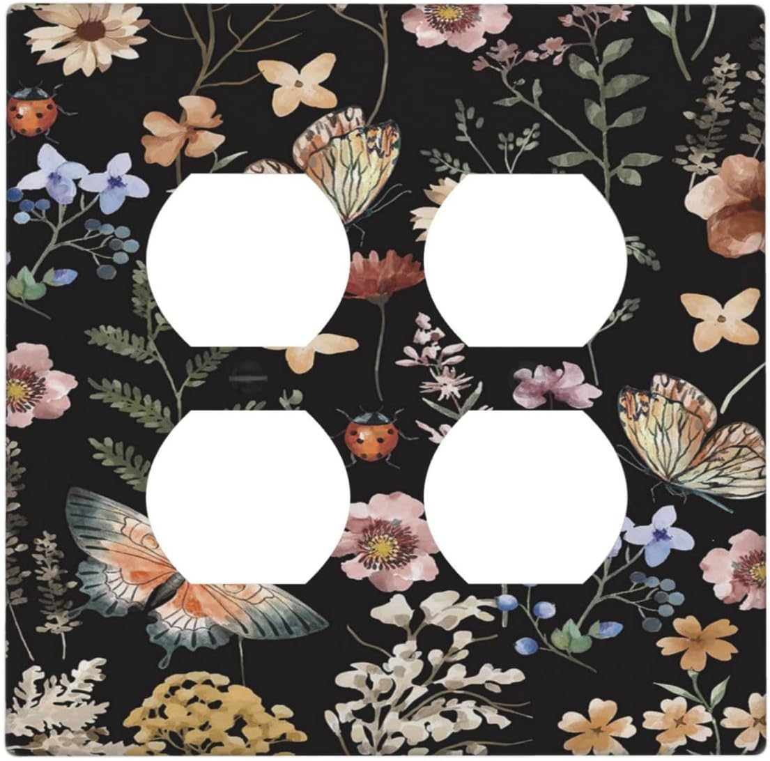 Decorative Outlet Covers Rustic Black Butterfly Flowers Leaves 2 Gang Wall Plate Cover Double Duplex Receptacle Two Switch Light Switch Cover Plate Jumbo Dual Faceplate for Home Decor