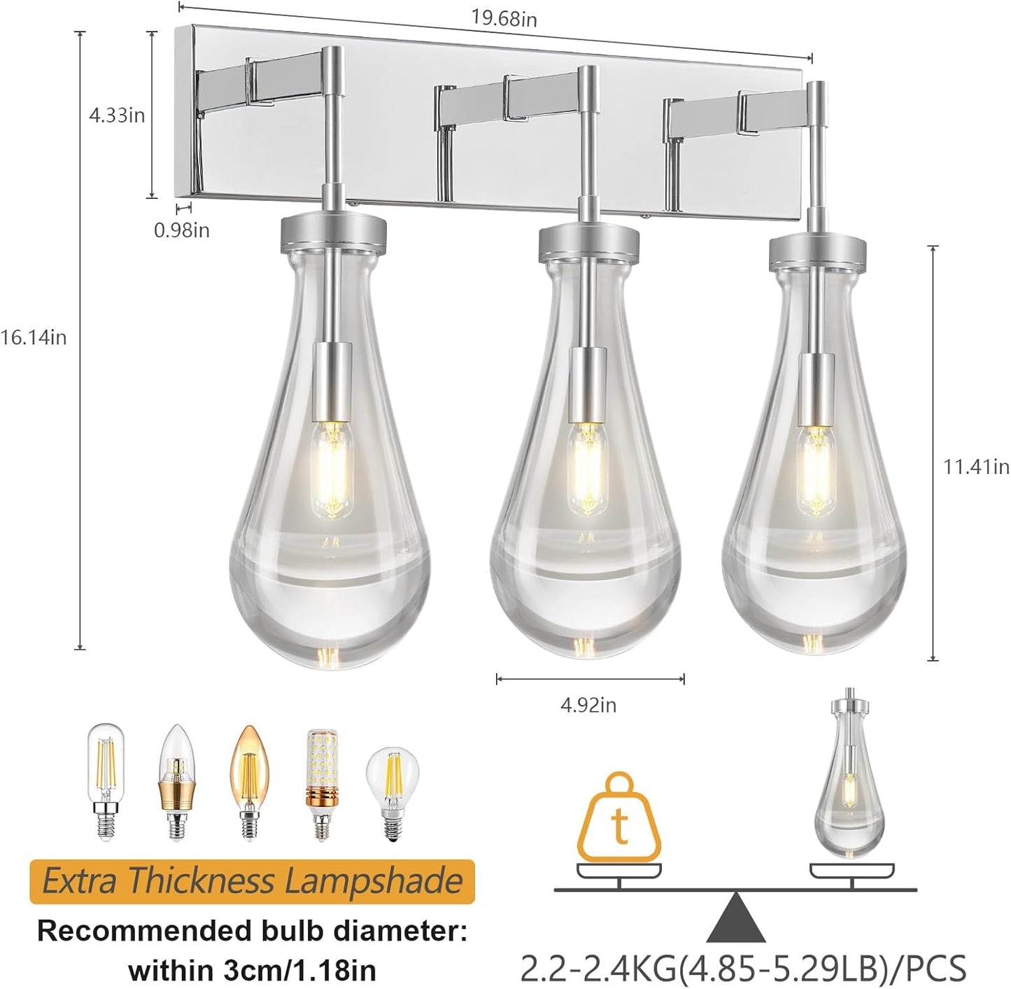Raindrop Wall Sconces Chrome Crystal Sconces Wall Decor Modern Lighting Glass Bathroom Sconces Indoor Vanity Light Wall Lamp for Bedroom Living Room Stair(3-Light)