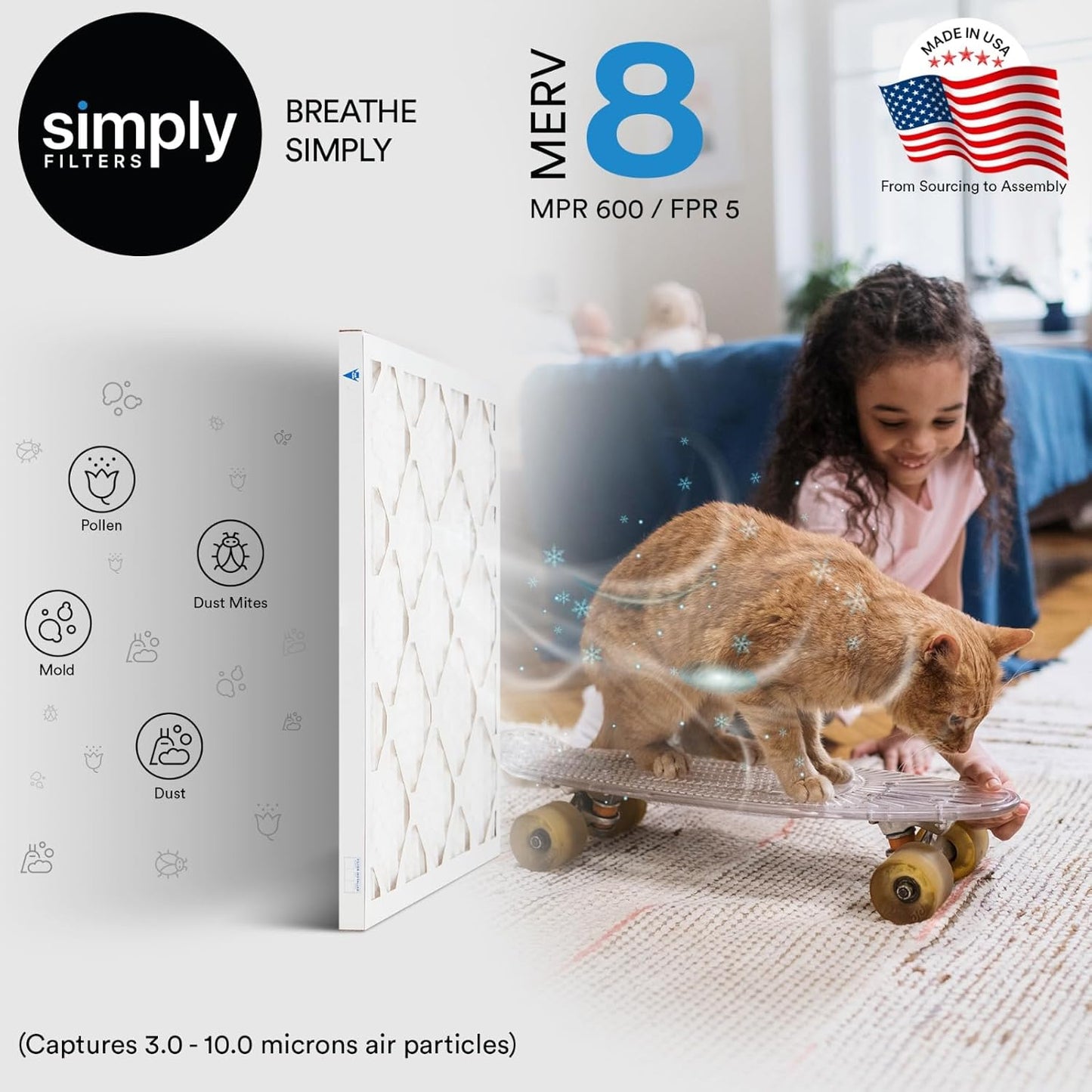 Simply 22x22x1 Air Filter, Merv 8, 6 Pack, Furnace Air Filter for HVAC (Actual Size: 21.75"x21.75"x0.75") DUST, Pet, & Allergy Control