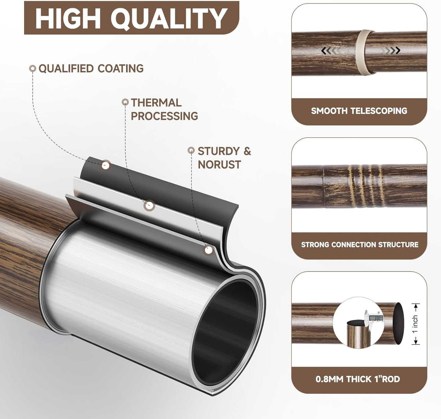 BRIOFOX Walnut Wood Curtain Rods for Windows 28 to 48 Inch(2.3-4ft)- 1'' Diameter Heavy Duty Curtain Rods with Imitation Wood Grain Pattern Finials,Adjustable Decorative Curtain Rods Set,28-48''