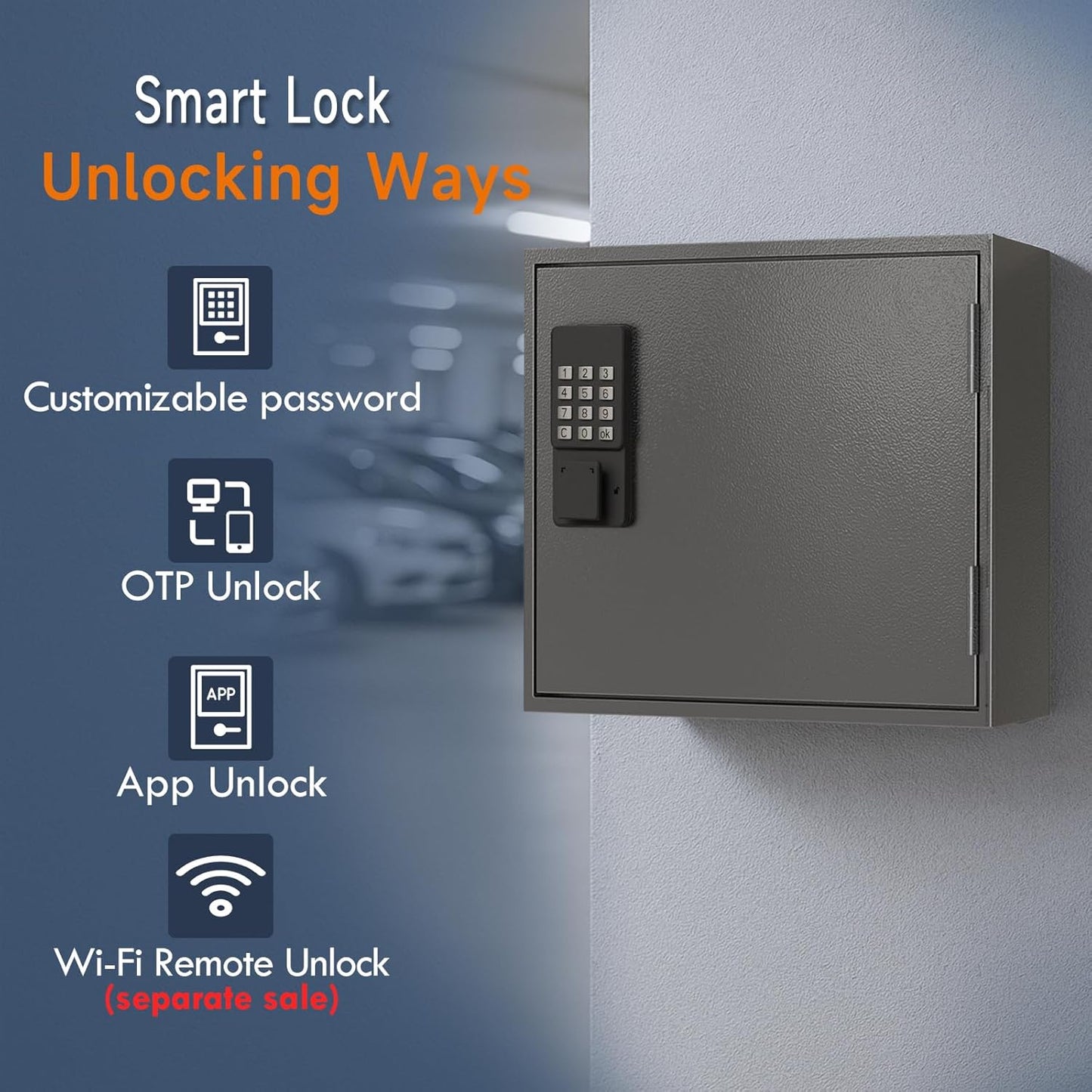 WeHere Smart Key Lock Box, Wall Mounted Key Cabinet with 60 Key Tags, Bluetooth App Control, OTP & Password Unlock, Wi-Fi Remote Unlock (Bridge Required), Steel Key Safe for Office Home Business
