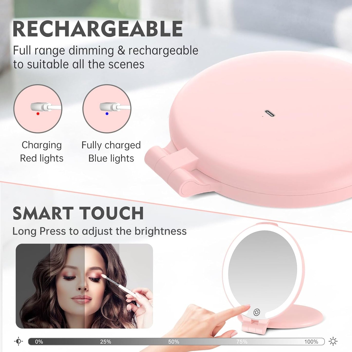 FUNTOUCH Travel Mirror with Light, 10X 1X Double Sided Magnification Rechargeable Mirror for Women Girls with 3 Color Setting Adjustable Rotation LED Vanity, Pink