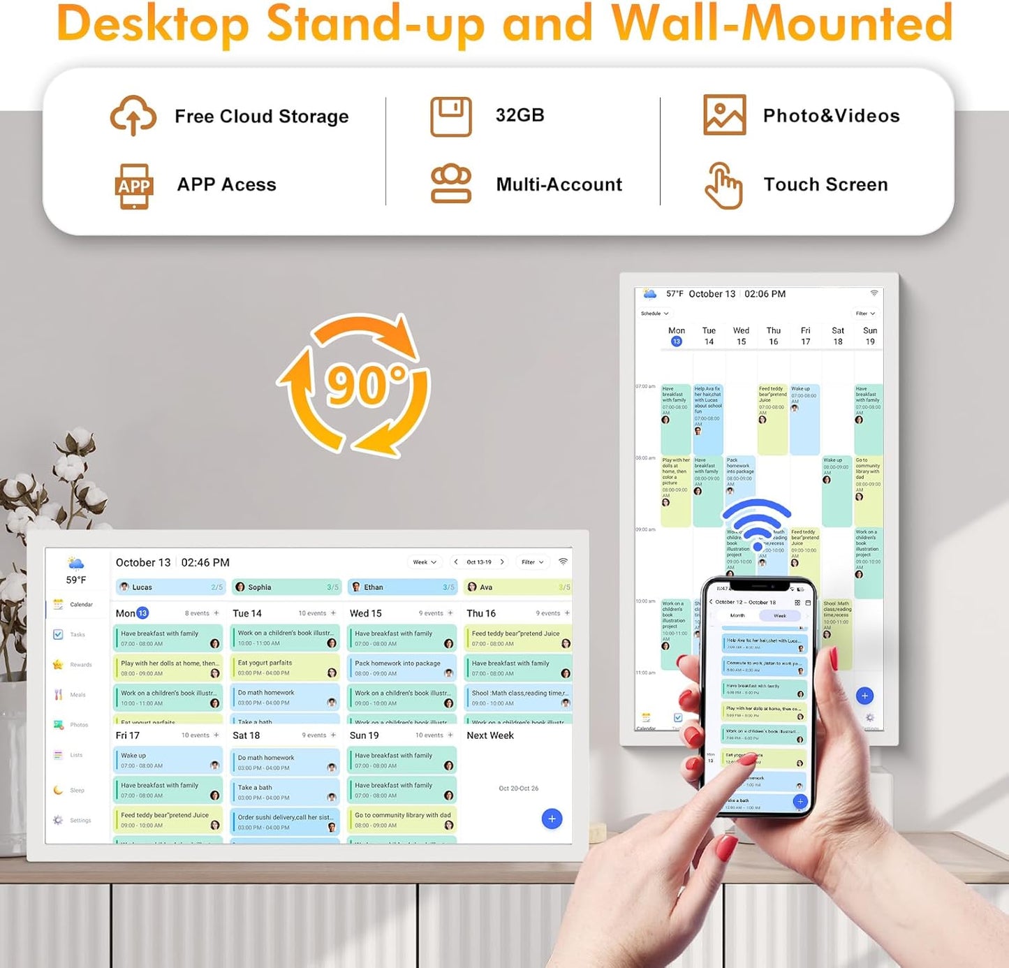 Smart Calendar Digital Frame Chore-Chart-for-Planner - 24 Inch Electronic Calendar for Family Schedules, Touchcreen Interactive Display, Auto-Sync Google/iCloud/Outlook Calendars, Selectable Reminders
