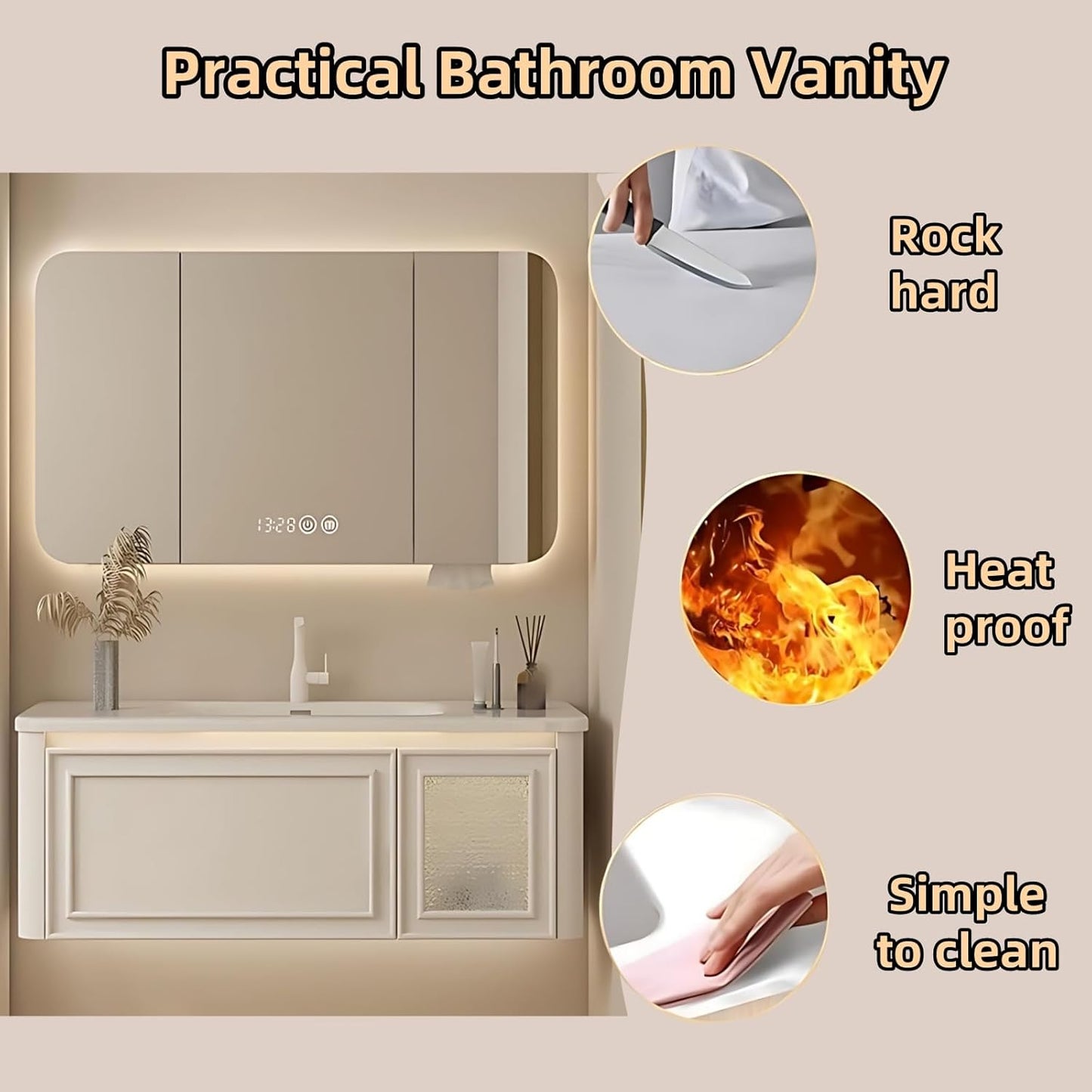 72IN Wall Mounted Bathroom Vanity Set - Wood Bathroom Vanities has Tissue Hole Design | Includes Smart Defogging Mirror Cabinet & Time Display, Rounded Corners, Glass Cabinet Doors (Style B)