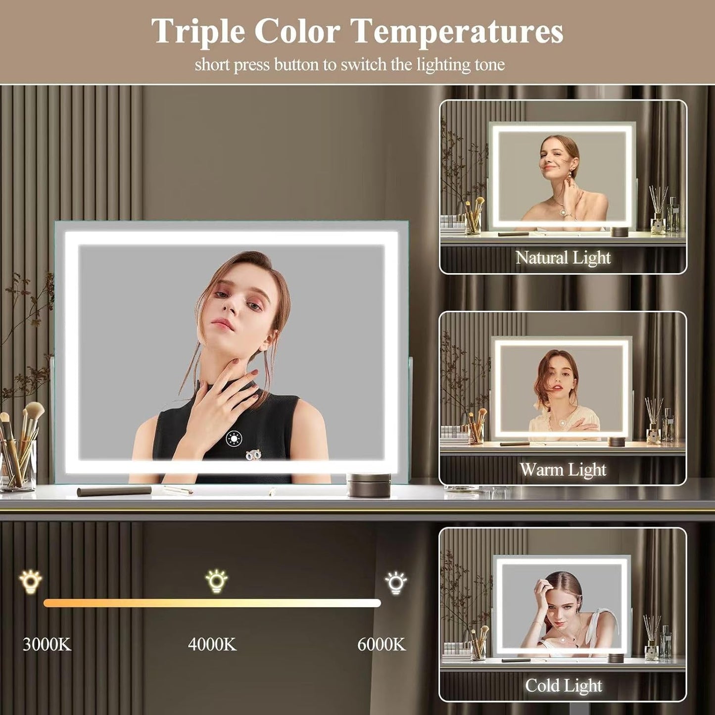 Ligheted Vanity Mirror with Lights, 14" x 12" LED Makeup Mirror, Hollywood Mirror,3 Modes Light, Smart Touch Control Dimmable, 360°Rotation, Rectangle Gold Frame