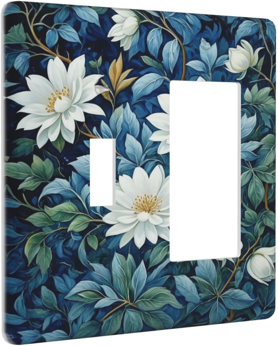 White Flowers Green Leaves Light Switch Covers 2 Gang Single Toggle Rocker Combination Wall Plate Cover Electrical Faceplate Decorative Switchplate for Farmhouse Living Decor