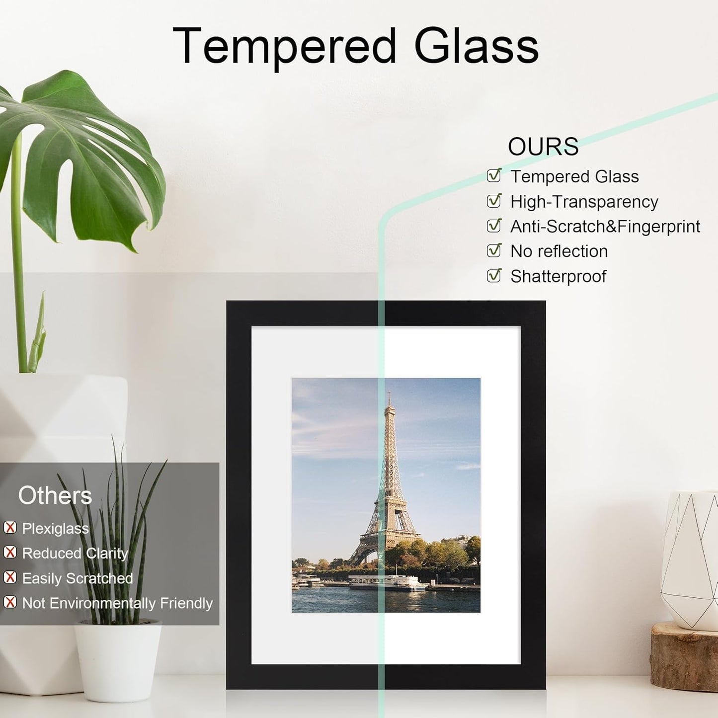 iRahmen 11x14 Picture Frame with HD Tempered Glass, Display Pictures 8x10 with Mat or 11 x 14 Without Mat, Wood Photo Frames for Tabletop and Wall Mount (Black, 1 Pack)