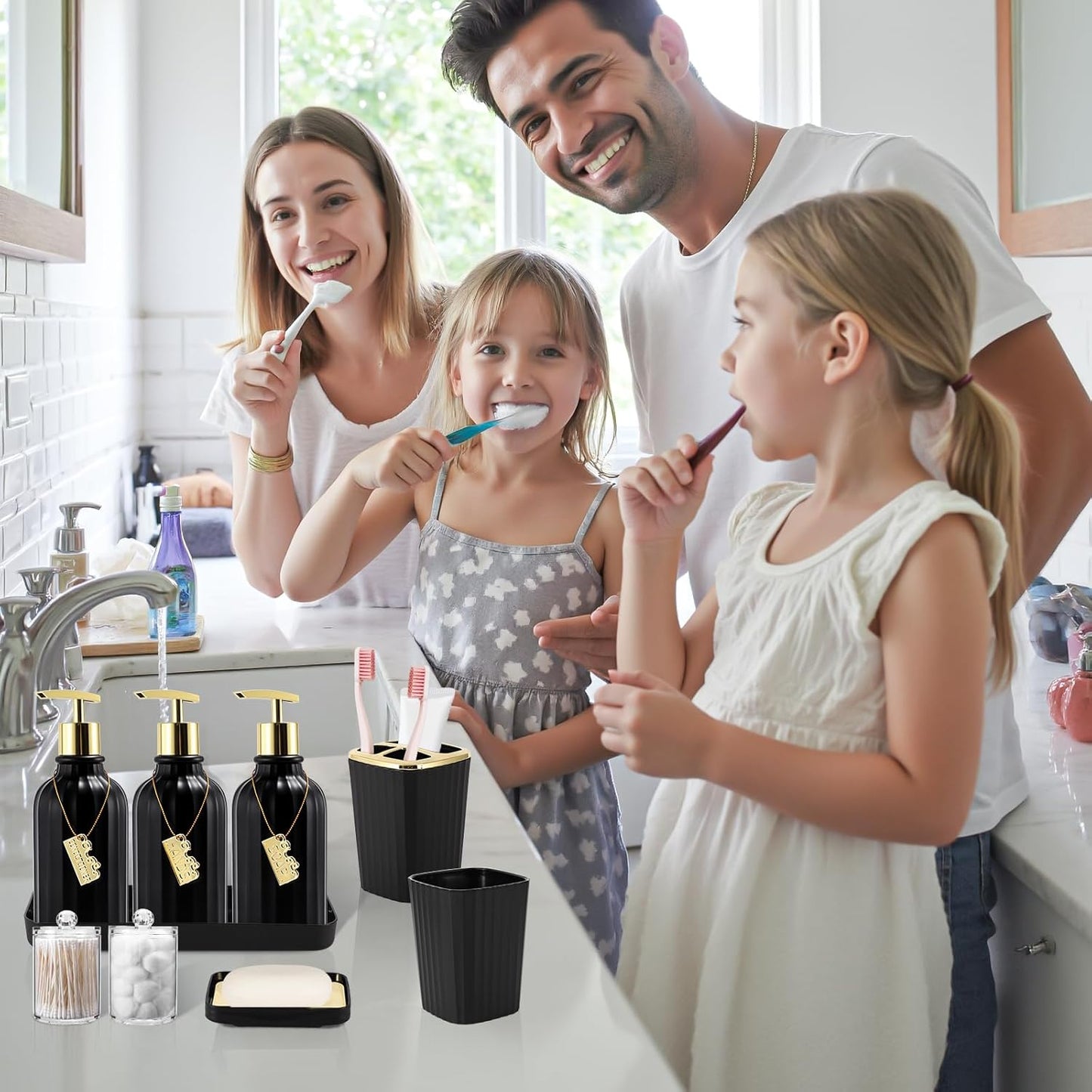 32PCS Bathroom Accessory Set Black Bathroom Accessories Bathroom Set, Shower Curtain Set, 2 Piece Bath Towel Set, 3PC Soap Dispenser, Toilet Brush & Trash Can