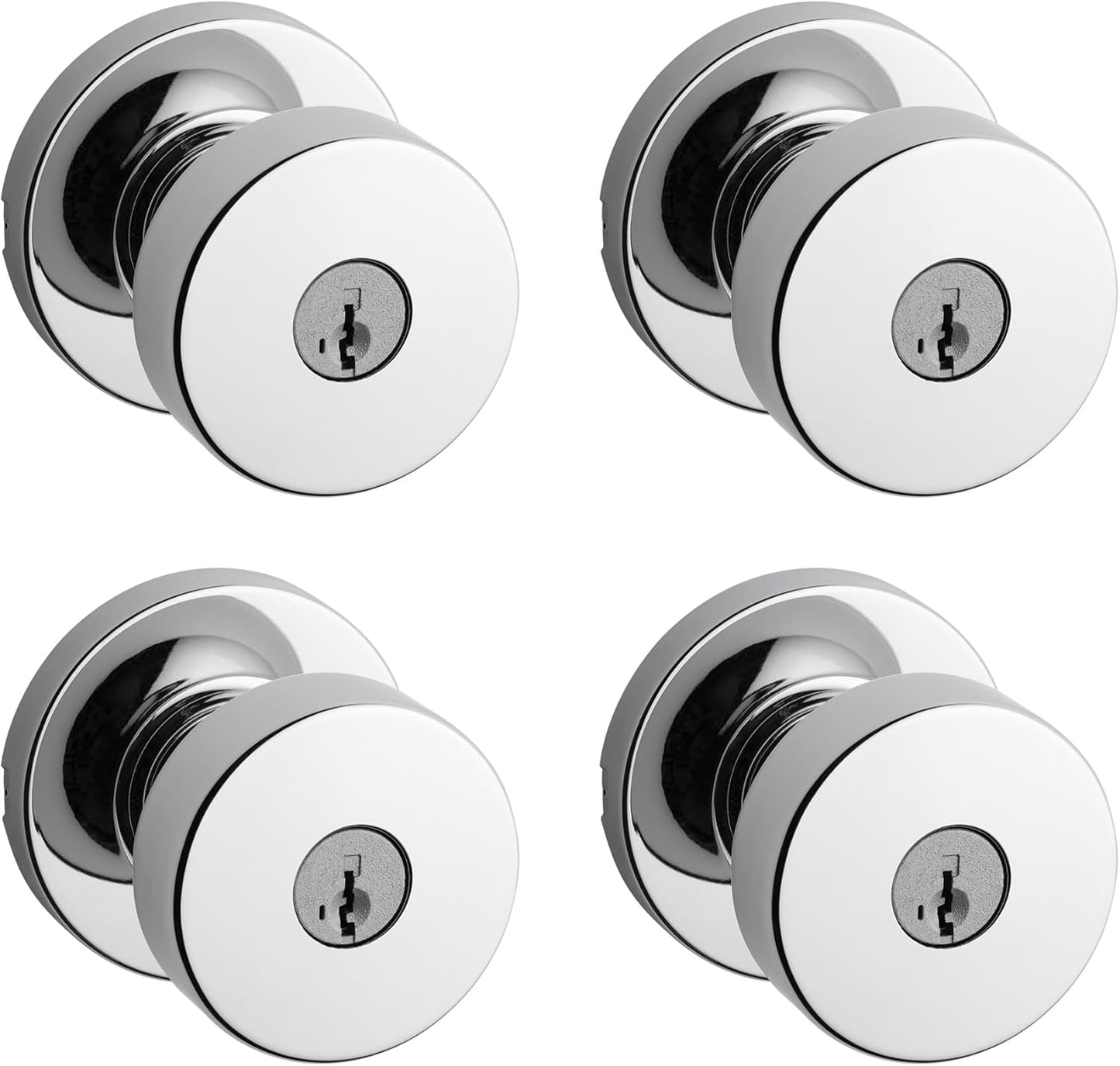 Kwikset Pismo Entry Door Knob with Lock and Key, Secure Keyed Handle Exterior, Front Entrance and Bedroom, Polished Chrome, 4 Pack, Pick Resistant SmartKey Rekey Security