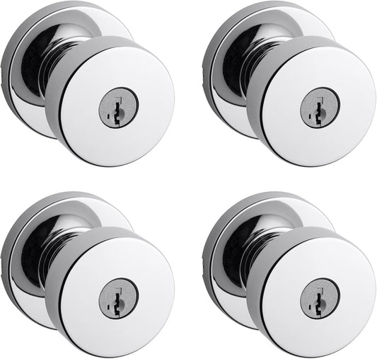 Kwikset Pismo Entry Door Knob with Lock and Key, Secure Keyed Handle Exterior, Front Entrance and Bedroom, Polished Chrome, 4 Pack, Pick Resistant SmartKey Rekey Security