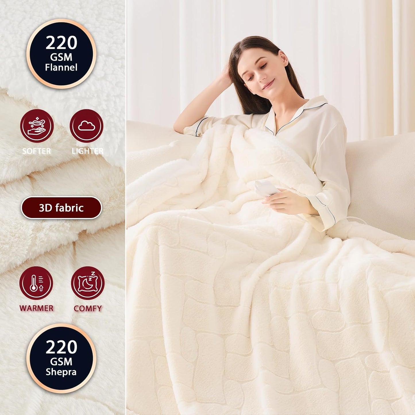 Heated Electric Blanket- Electric Throw Blanket 84"x90" for Bed- Heating Blanket with 5 Heating Levels& 4 Hours Auto Off for Home Office - Soft Faux Fur Blanket for Full Body(Beige)