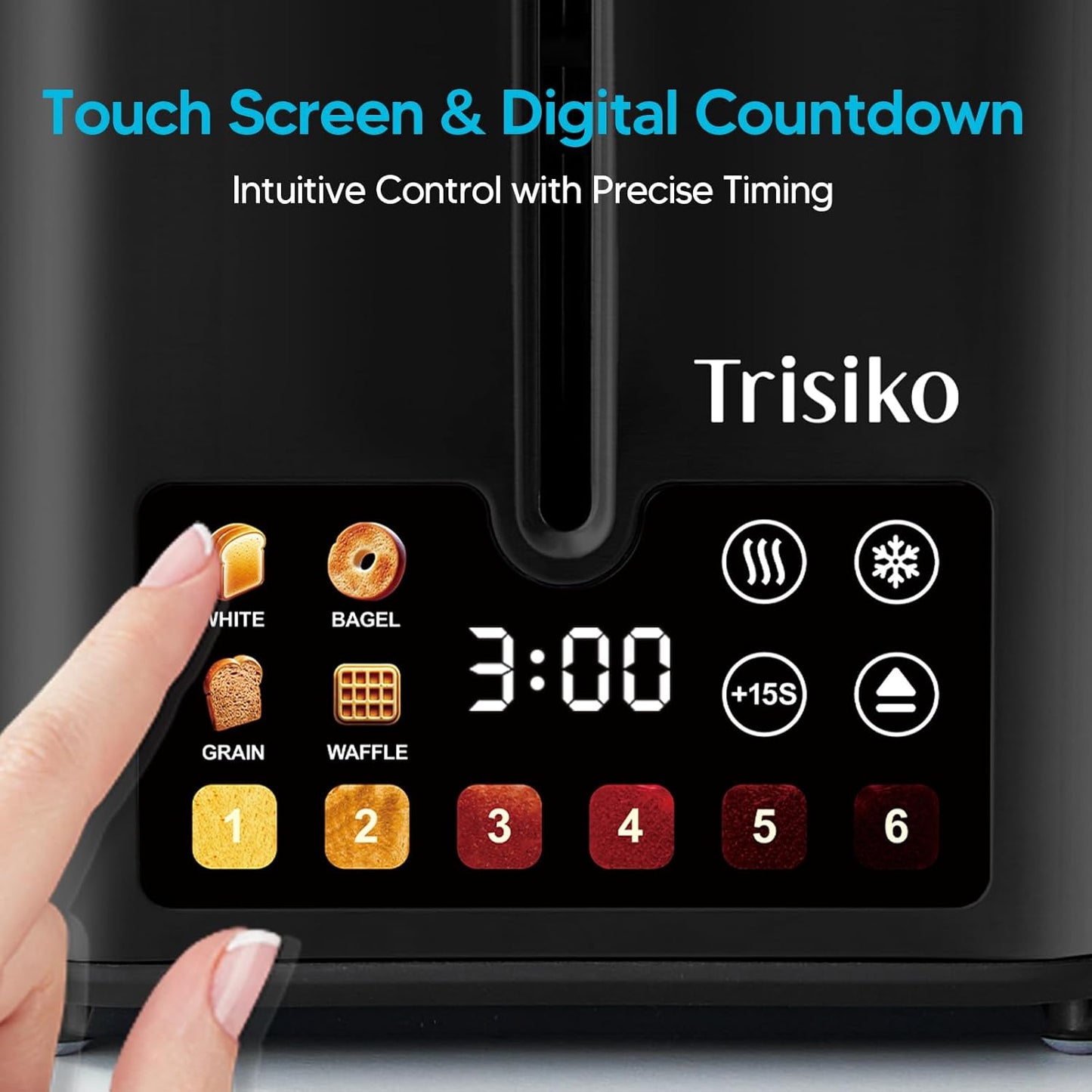 Trisiko® Touch Screen Toaster 2 Slice,Smart Toaster with Digital Timer, 1.38" Extra-Wide Slots for Bread& Bagel,with Reheat, Defrost, Cancel, +15s Boost, Great for Home, Office, Dorm (Black)