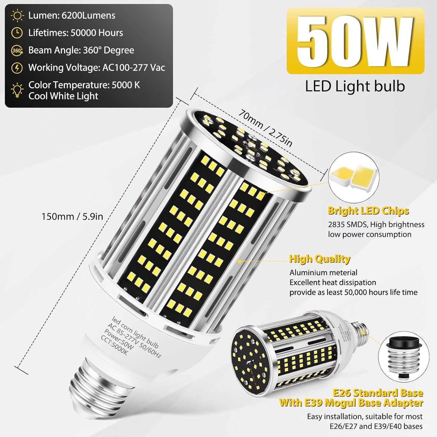 50W 2 Pack LED Corn Light Bulb,5000K Daylight 6500LM(500W Equivalent) Commercial GradeE26/E39 Medium Mogul Base LED Lamp,Large Area Lights for Outdoor Indoor Garage Warehouse Factory Bay Light