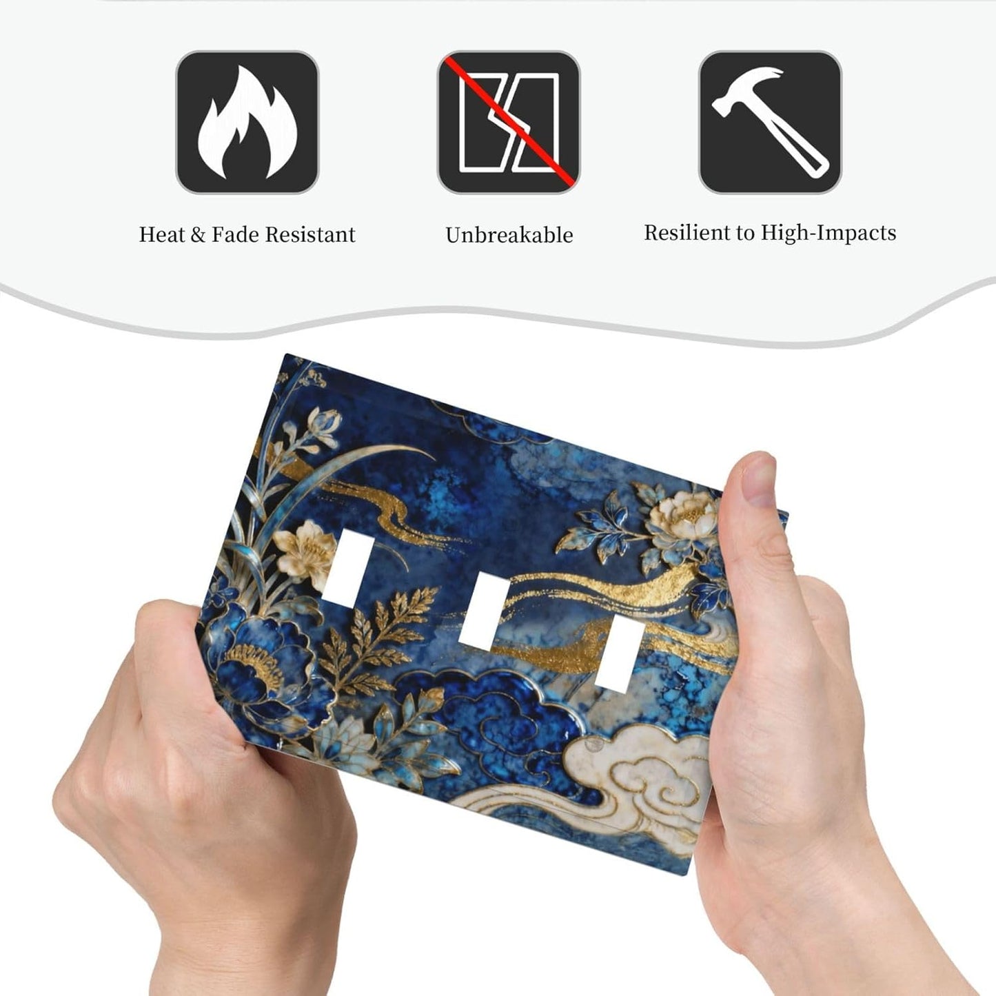 Decorative Light Switch Cover Plate Blue White Flower Gold Line Cloud 3 Gang Wall Plates for Electrical Outlets Triple Toggle Switch Plate Covers Outlet Covers Faceplate for Home Decor