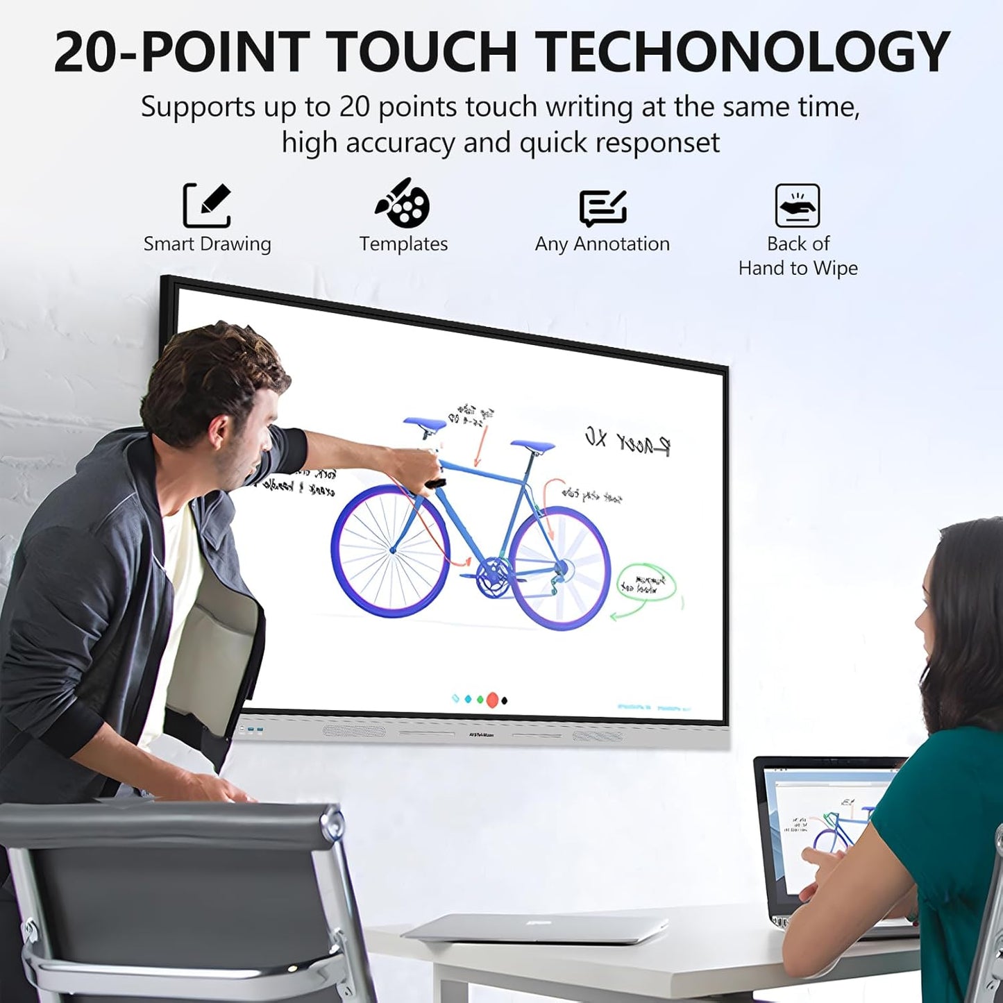 Smart Board 65 inch 4K Interactive Whiteboard Touch Screen, Digital Smart Whiteboard for Classroom and Business with Android 14.0-8+128 GB(Wall Mount Included)