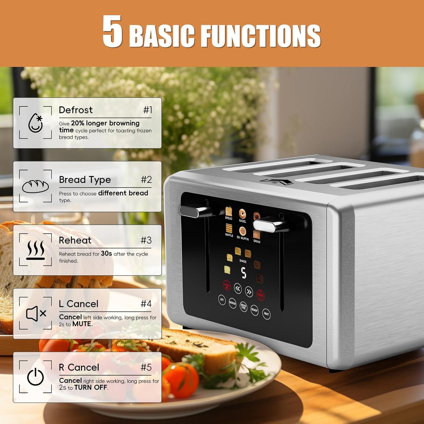 4 Slice Toaster, Touchscreen & Dual Independent Control Panel，5 Basic Functions & Digital Countdown Toasters, 6 Shade Settings＆6 Bread Types, Smart Bread Maker Mute/Screen-Off,Stainless steel